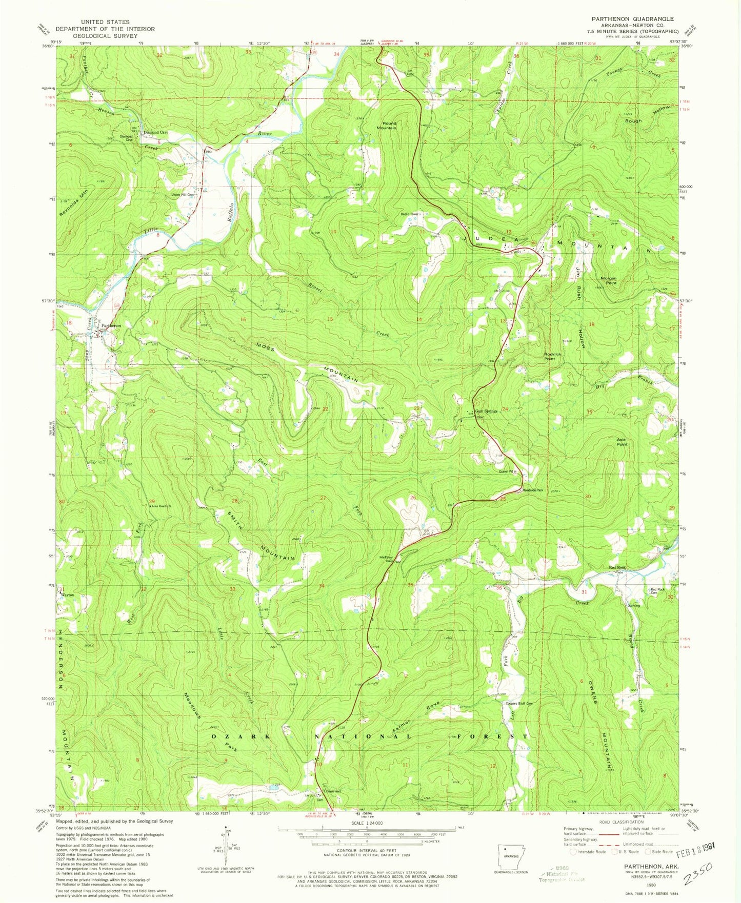 Classic USGS Parthenon Arkansas 7.5'x7.5' Topo Map Image