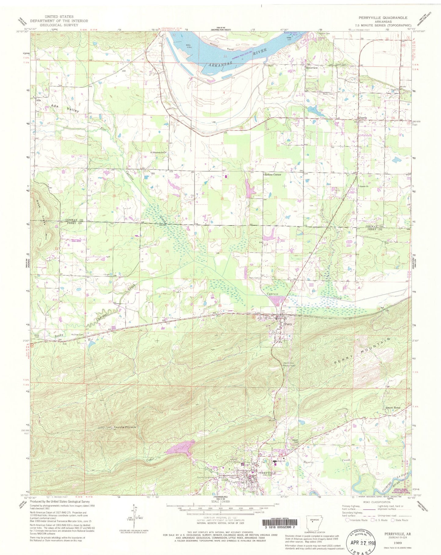 Classic USGS Perryville Arkansas 7.5'x7.5' Topo Map Image