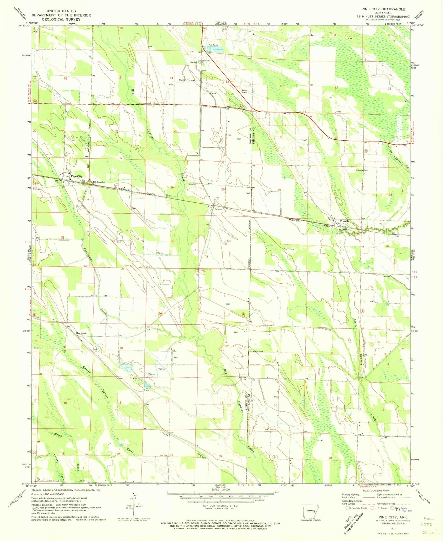 Classic USGS Pine City Arkansas 7.5'x7.5' Topo Map Image