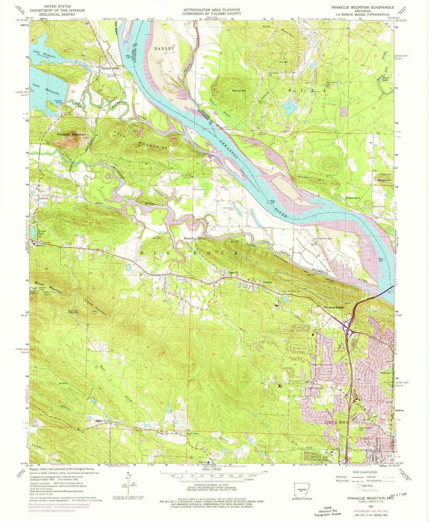 Classic USGS Pinnacle Mountain Arkansas 7.5'x7.5' Topo Map Image