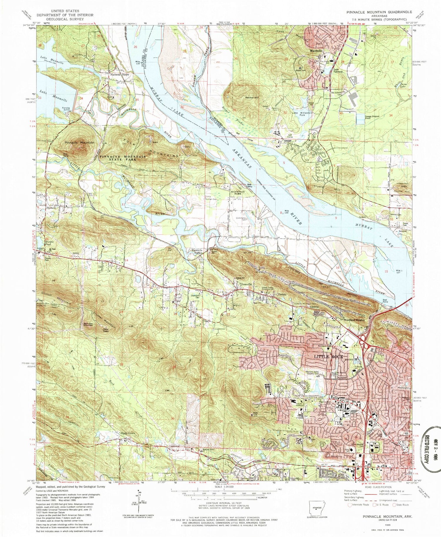 Classic USGS Pinnacle Mountain Arkansas 7.5'x7.5' Topo Map Image