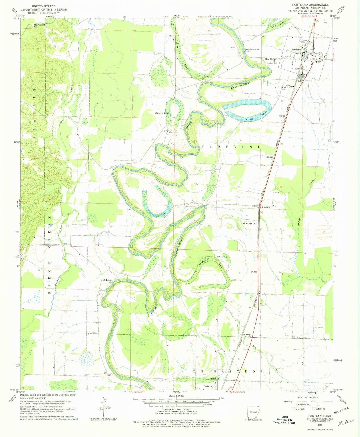 Classic USGS Portland Arkansas 7.5'x7.5' Topo Map Image