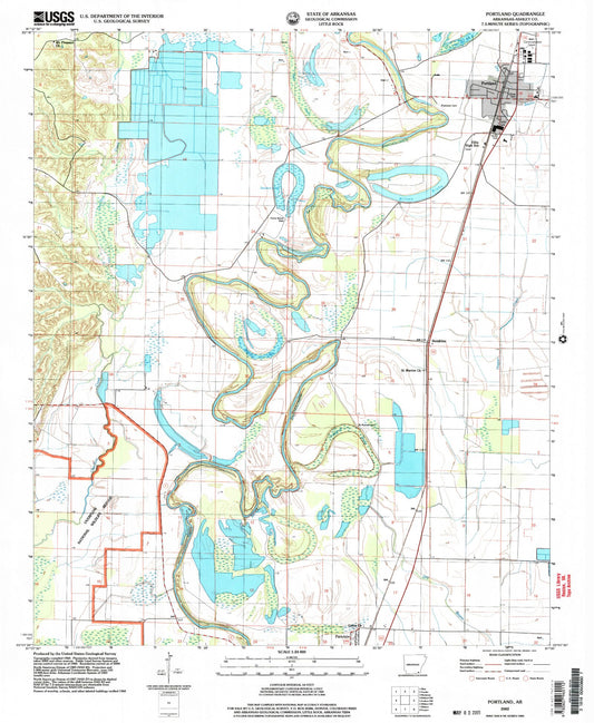 Classic USGS Portland Arkansas 7.5'x7.5' Topo Map Image