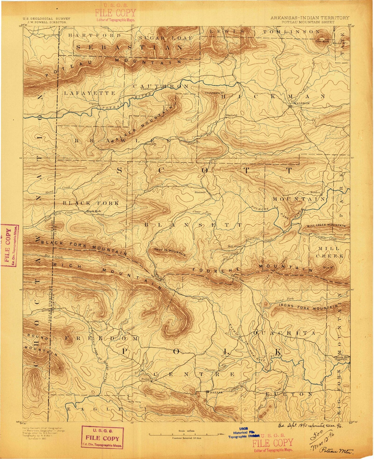 Historic 1890 Poteau Mountain Arkansas 30'x30' Topo Map Image