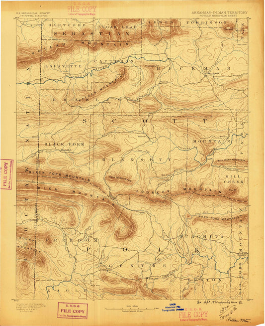 Historic 1890 Poteau Mountain Arkansas 30'x30' Topo Map Image