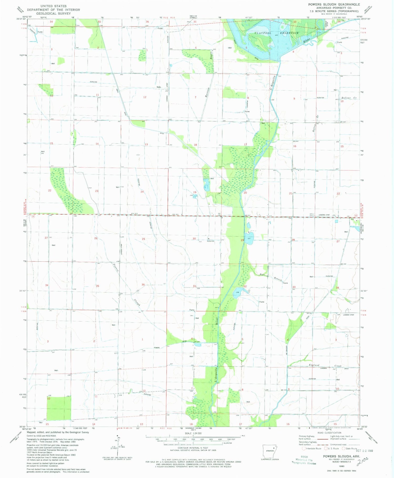 Classic USGS Powers Slough Arkansas 7.5'x7.5' Topo Map Image