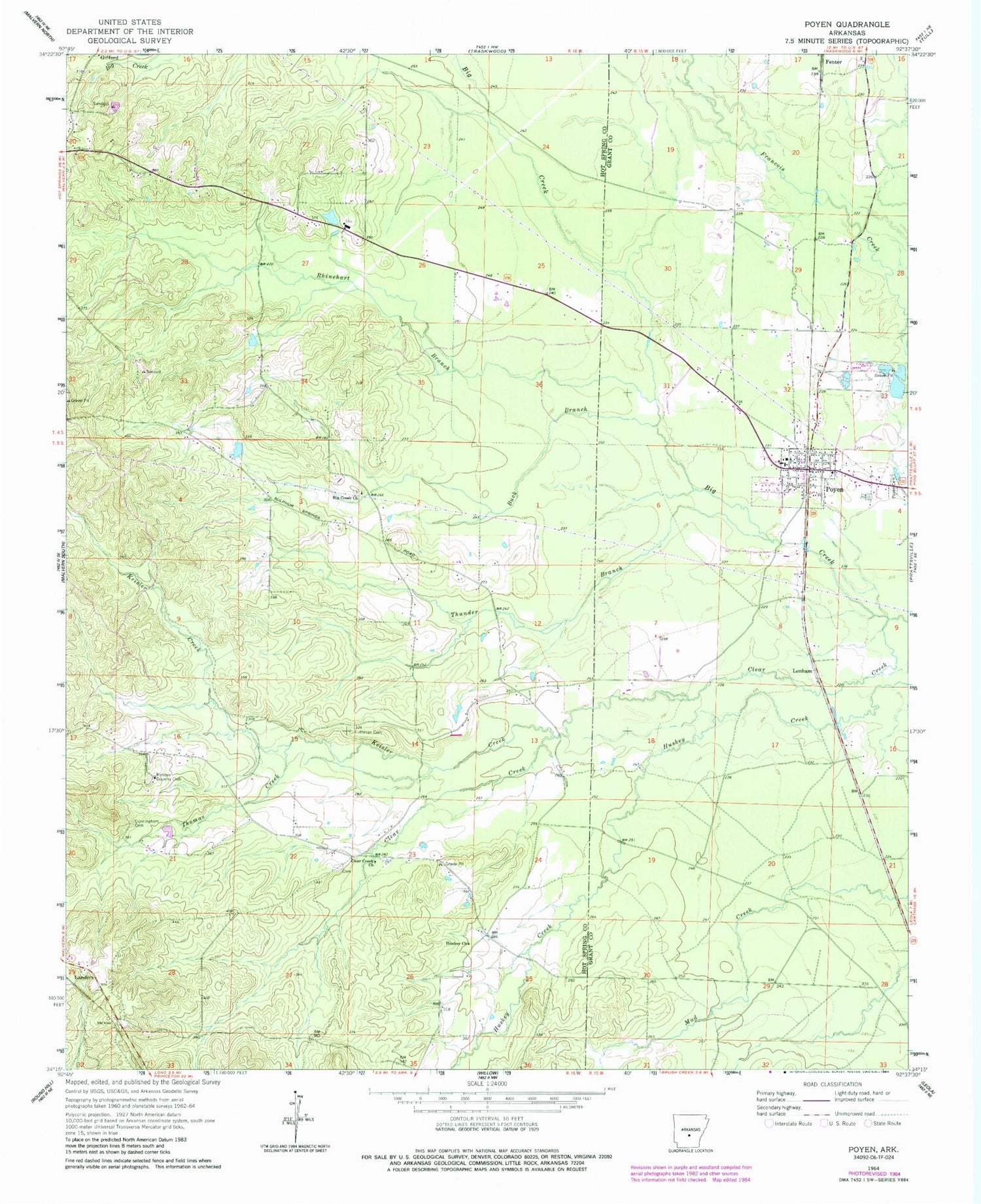 Classic USGS Poyen Arkansas 7.5'x7.5' Topo Map Image