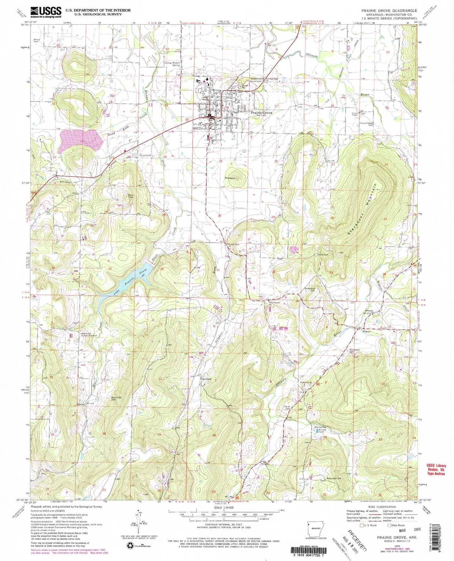 Classic USGS Prairie Grove Arkansas 7.5'x7.5' Topo Map Image