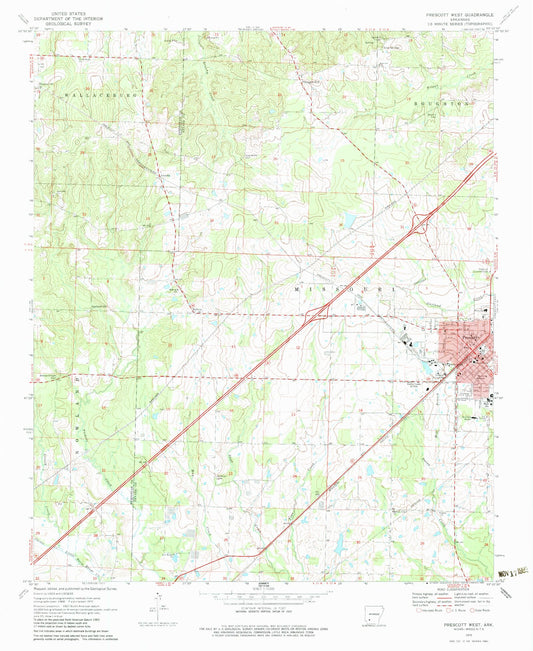 Classic USGS Prescott West Arkansas 7.5'x7.5' Topo Map Image