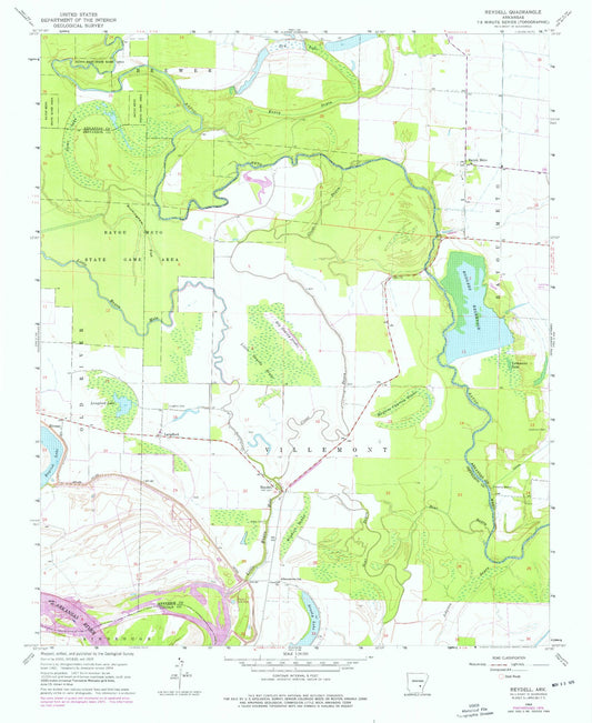 Classic USGS Reydell Arkansas 7.5'x7.5' Topo Map Image
