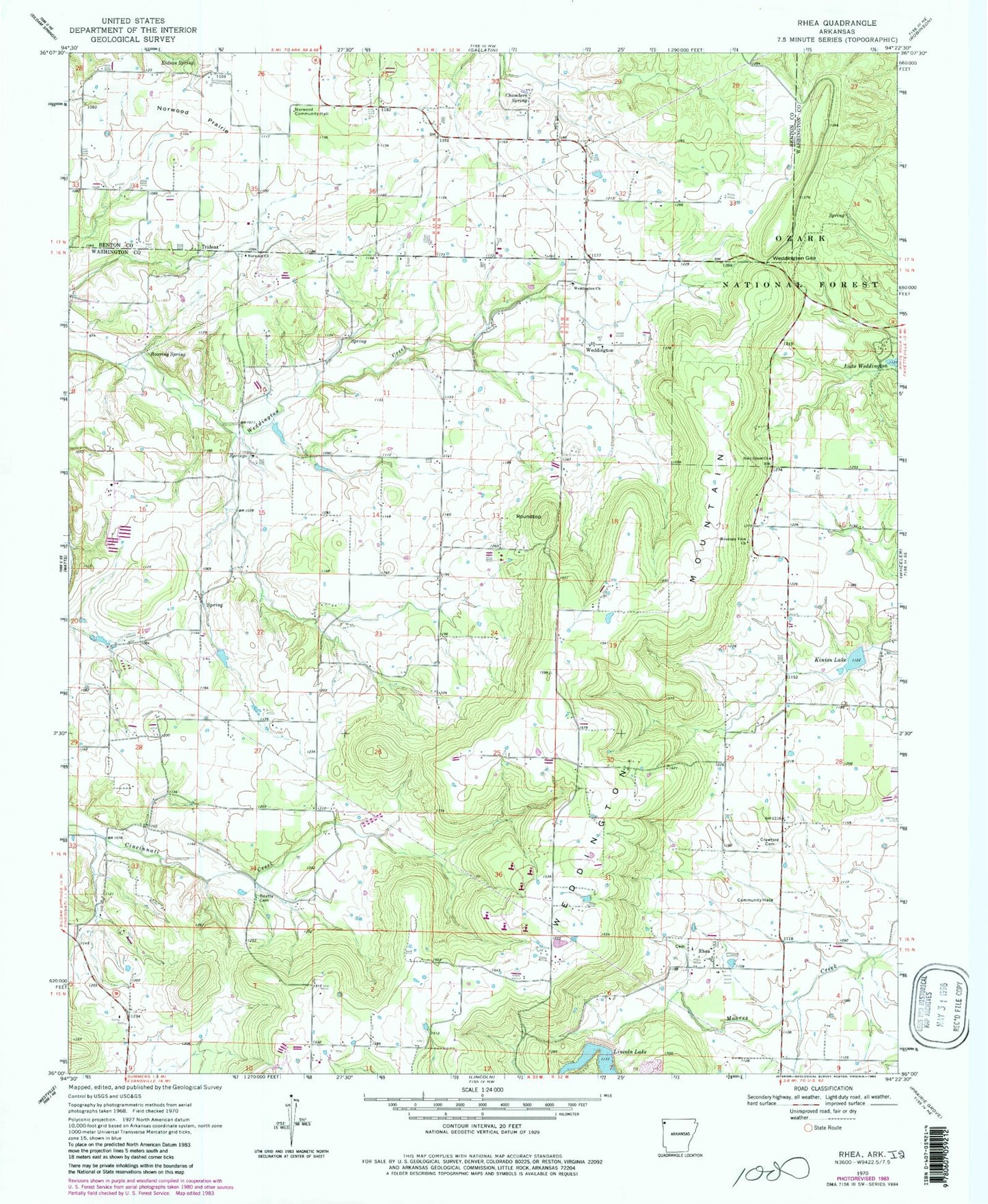 Classic USGS Rhea Arkansas 7.5'x7.5' Topo Map Image
