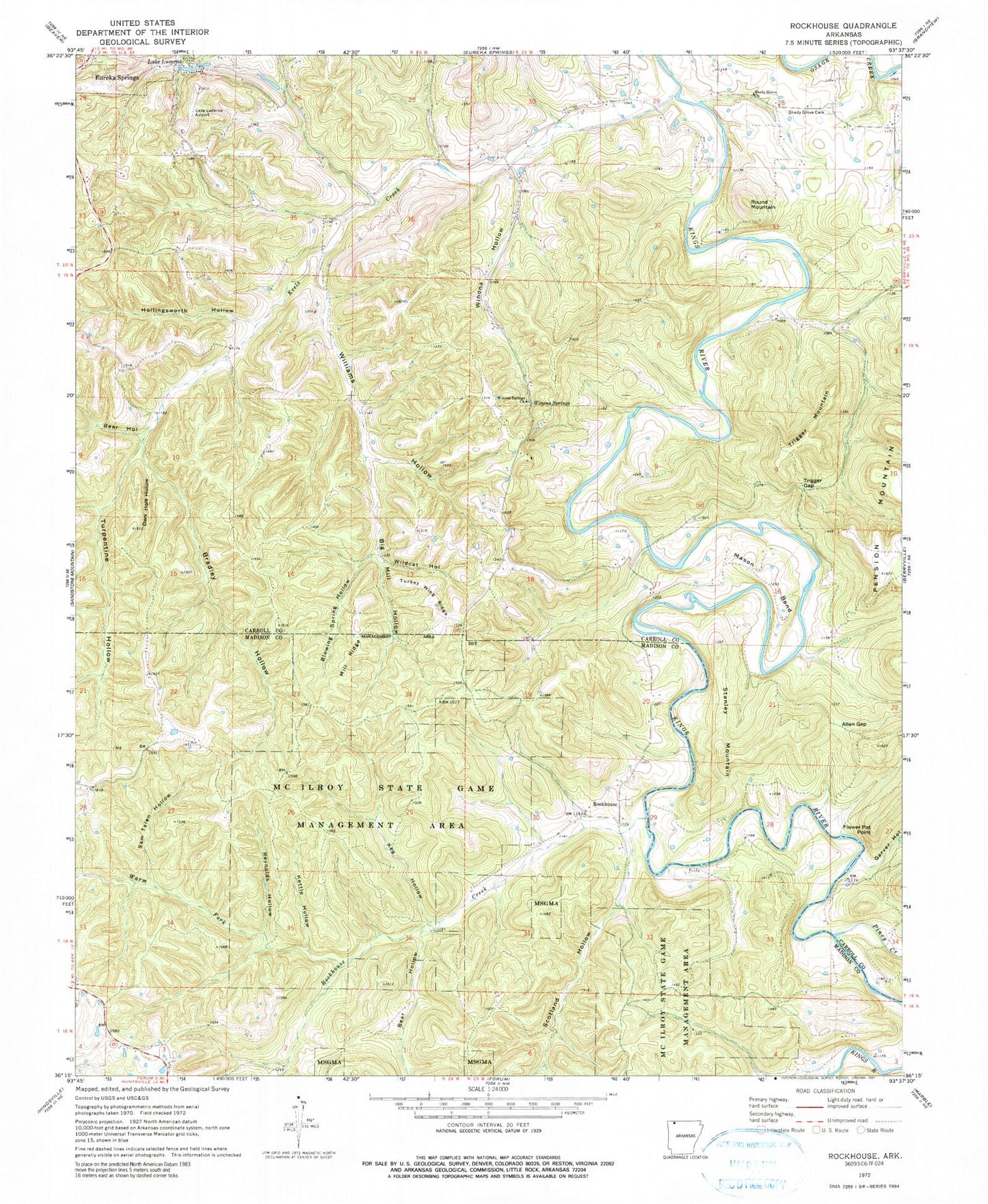 Classic USGS Rockhouse Arkansas 7.5'x7.5' Topo Map Image