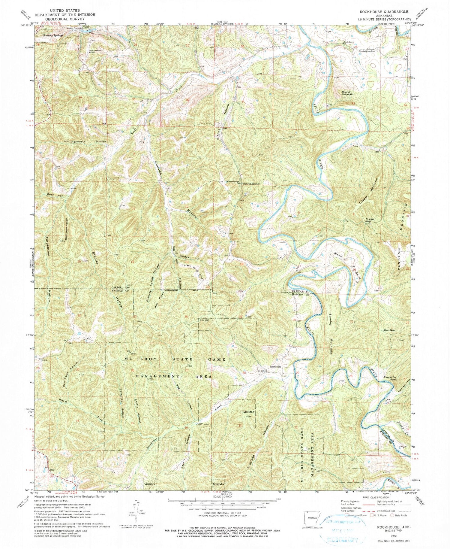 Classic USGS Rockhouse Arkansas 7.5'x7.5' Topo Map Image