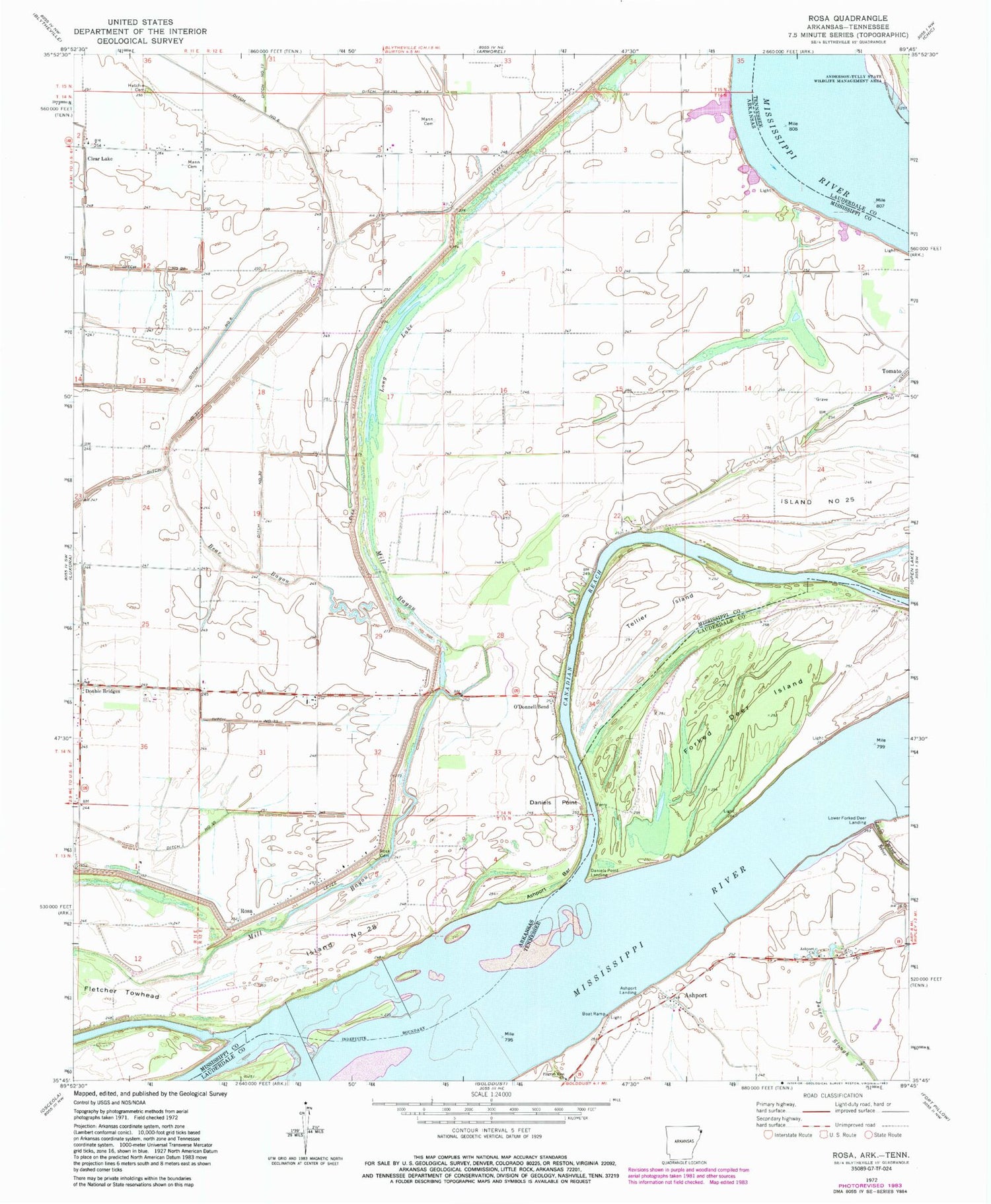 Classic USGS Rosa Arkansas 7.5'x7.5' Topo Map Image