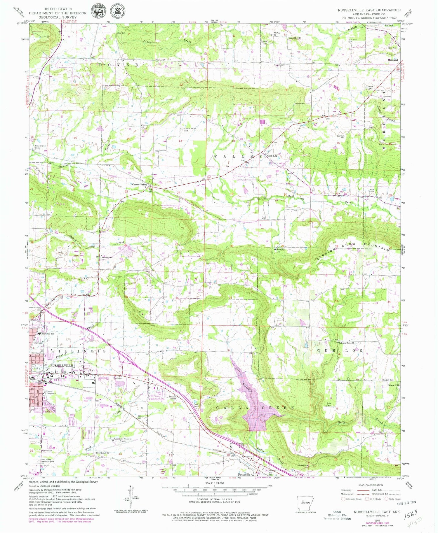 Classic USGS Russellville East Arkansas 7.5'x7.5' Topo Map Image