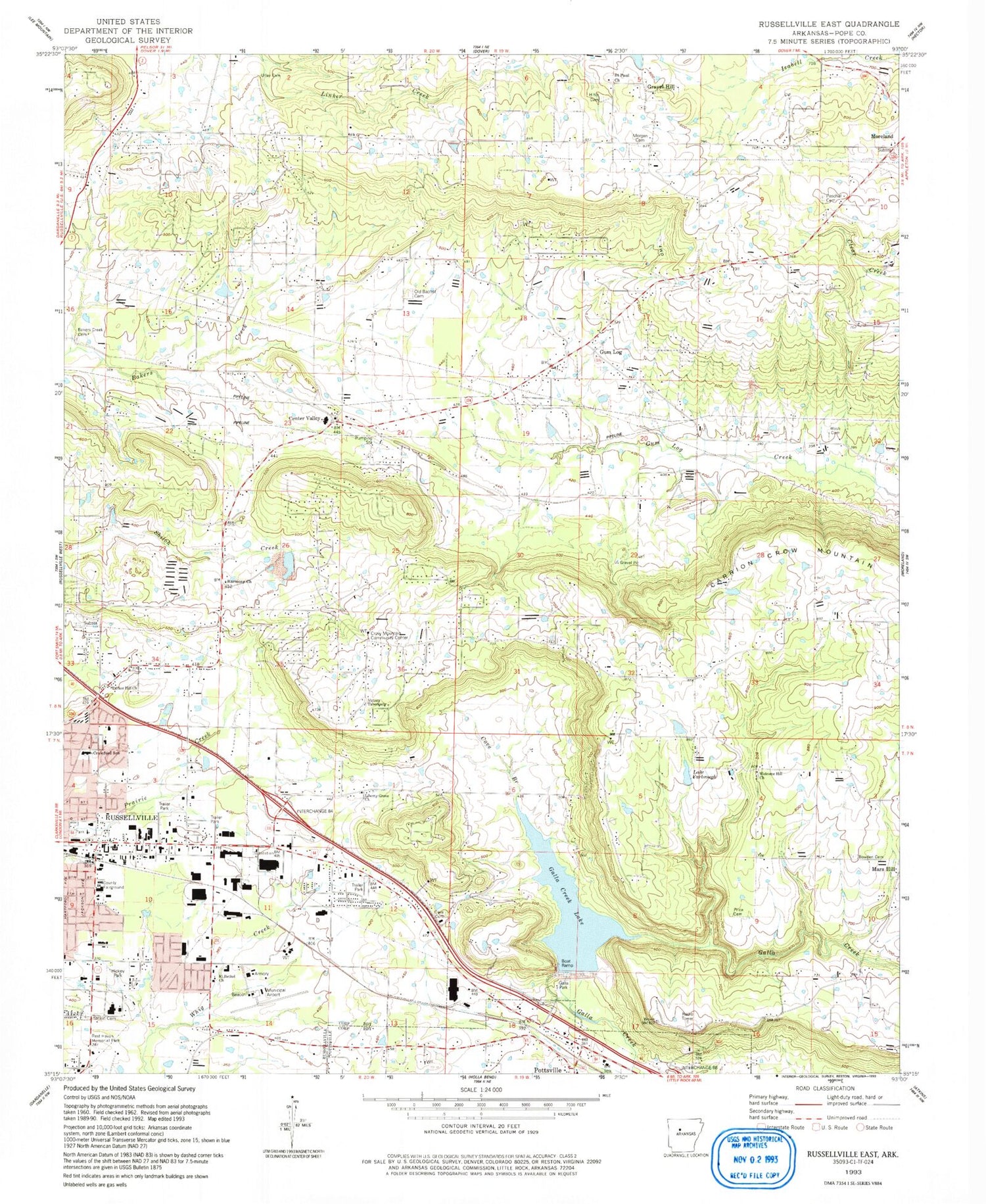 Classic USGS Russellville East Arkansas 7.5'x7.5' Topo Map Image
