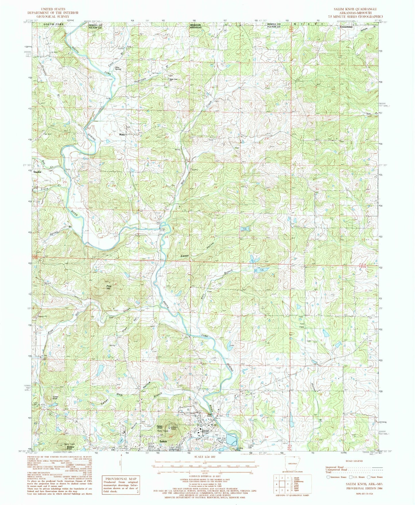 Classic USGS Salem Knob Arkansas 7.5'x7.5' Topo Map Image