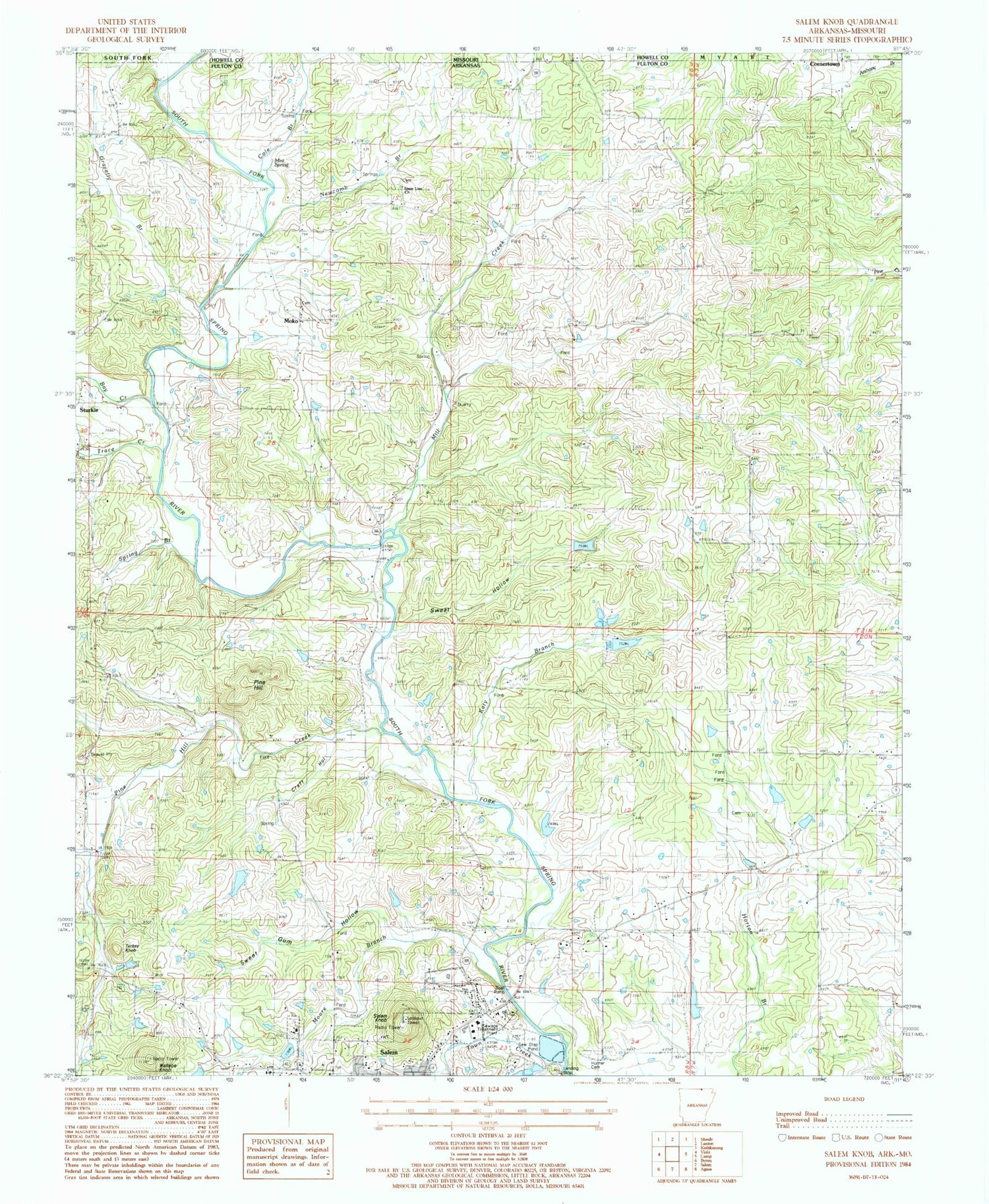 Classic USGS Salem Knob Arkansas 7.5'x7.5' Topo Map Image