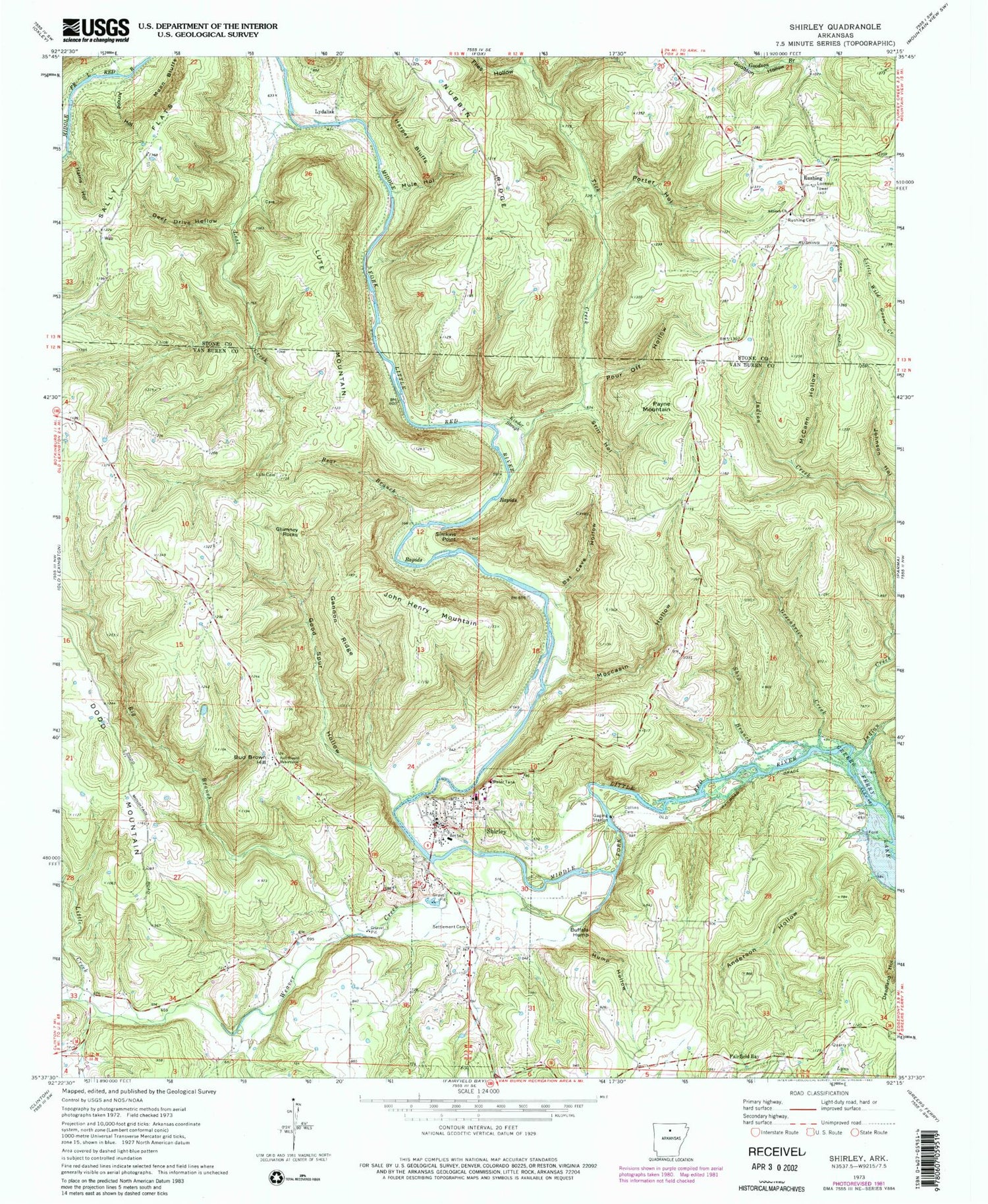 Classic USGS Shirley Arkansas 7.5'x7.5' Topo Map Image
