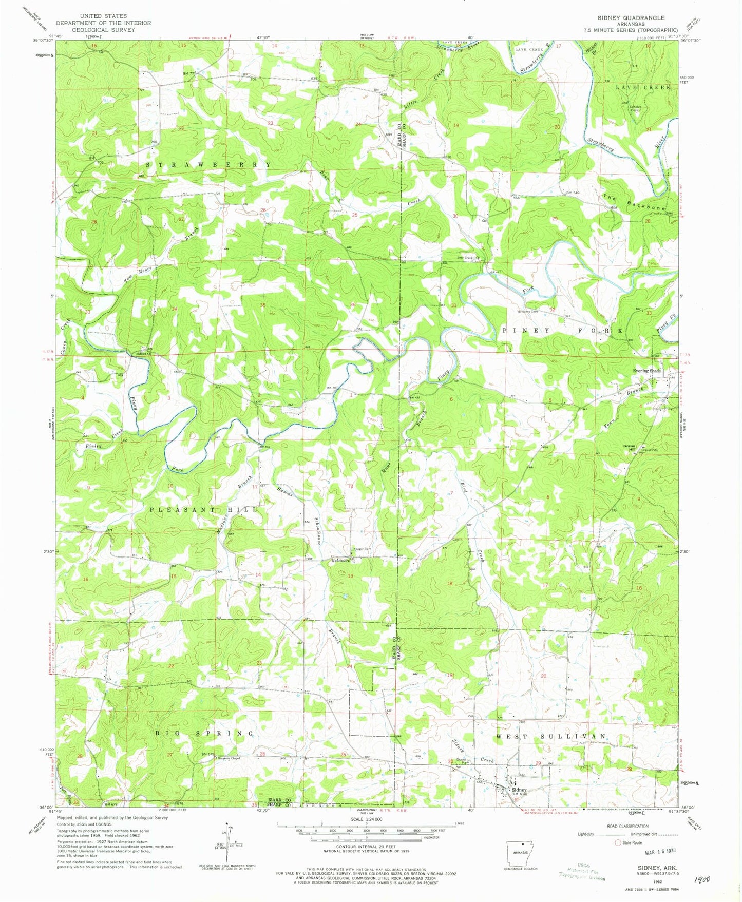 Classic USGS Sidney Arkansas 7.5'x7.5' Topo Map Image