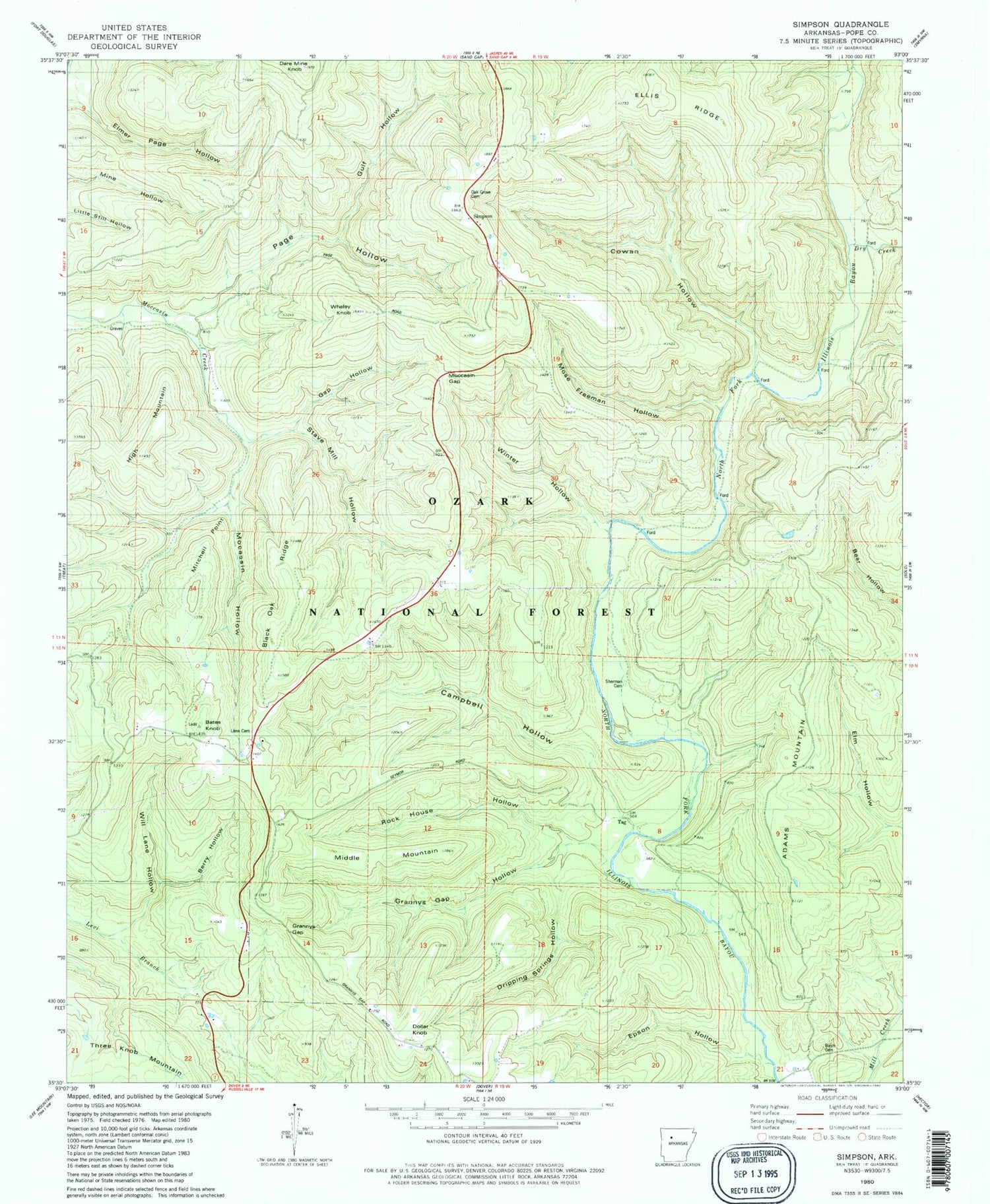 Classic USGS Simpson Arkansas 7.5'x7.5' Topo Map Image