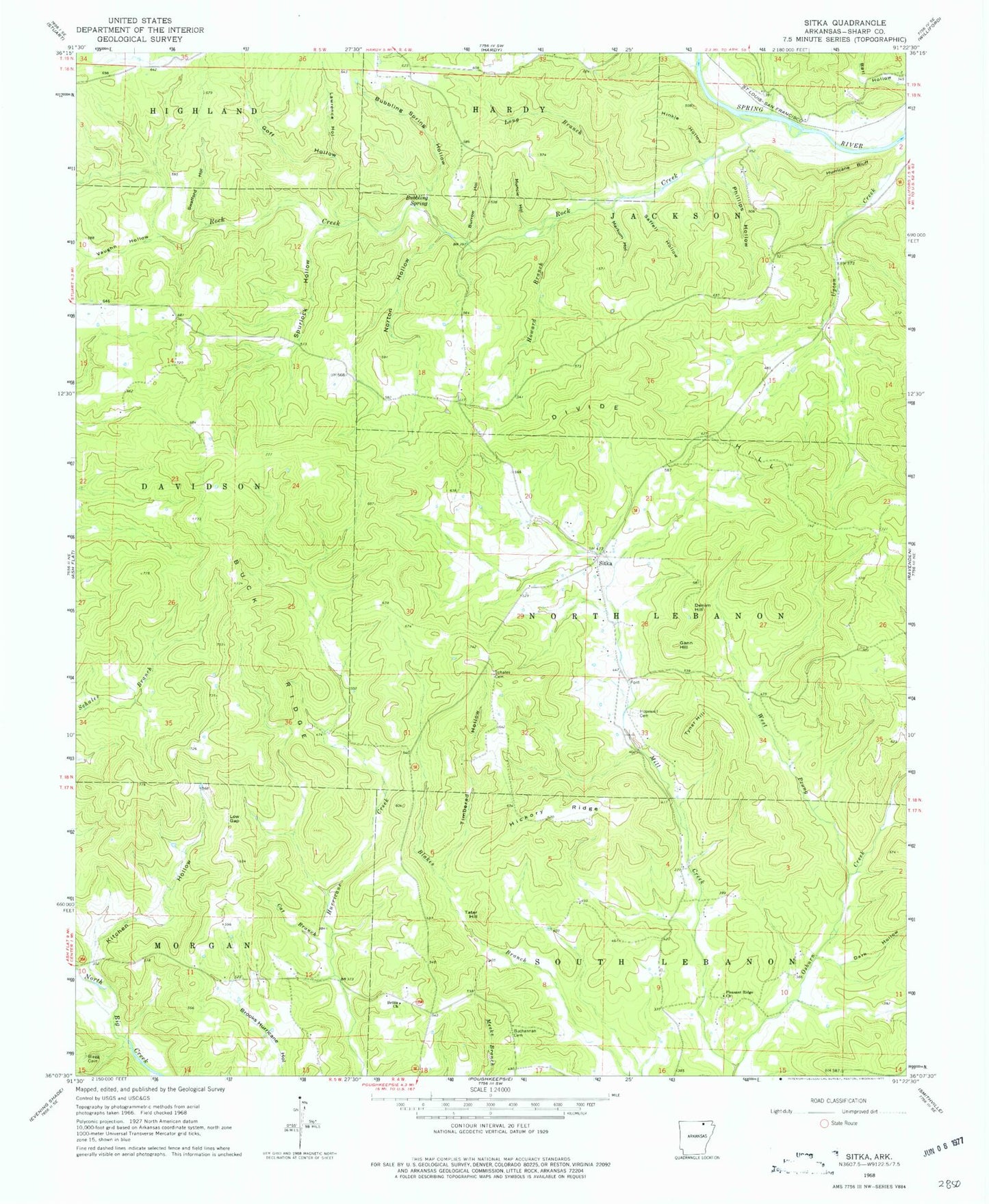 Classic USGS Sitka Arkansas 7.5'x7.5' Topo Map Image