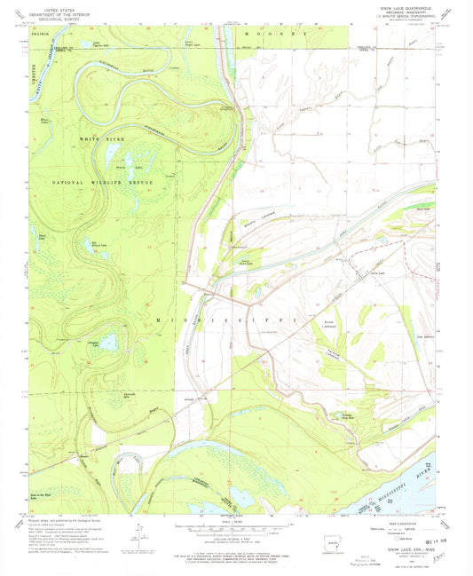 Classic USGS Snow Lake Arkansas 7.5'x7.5' Topo Map Image