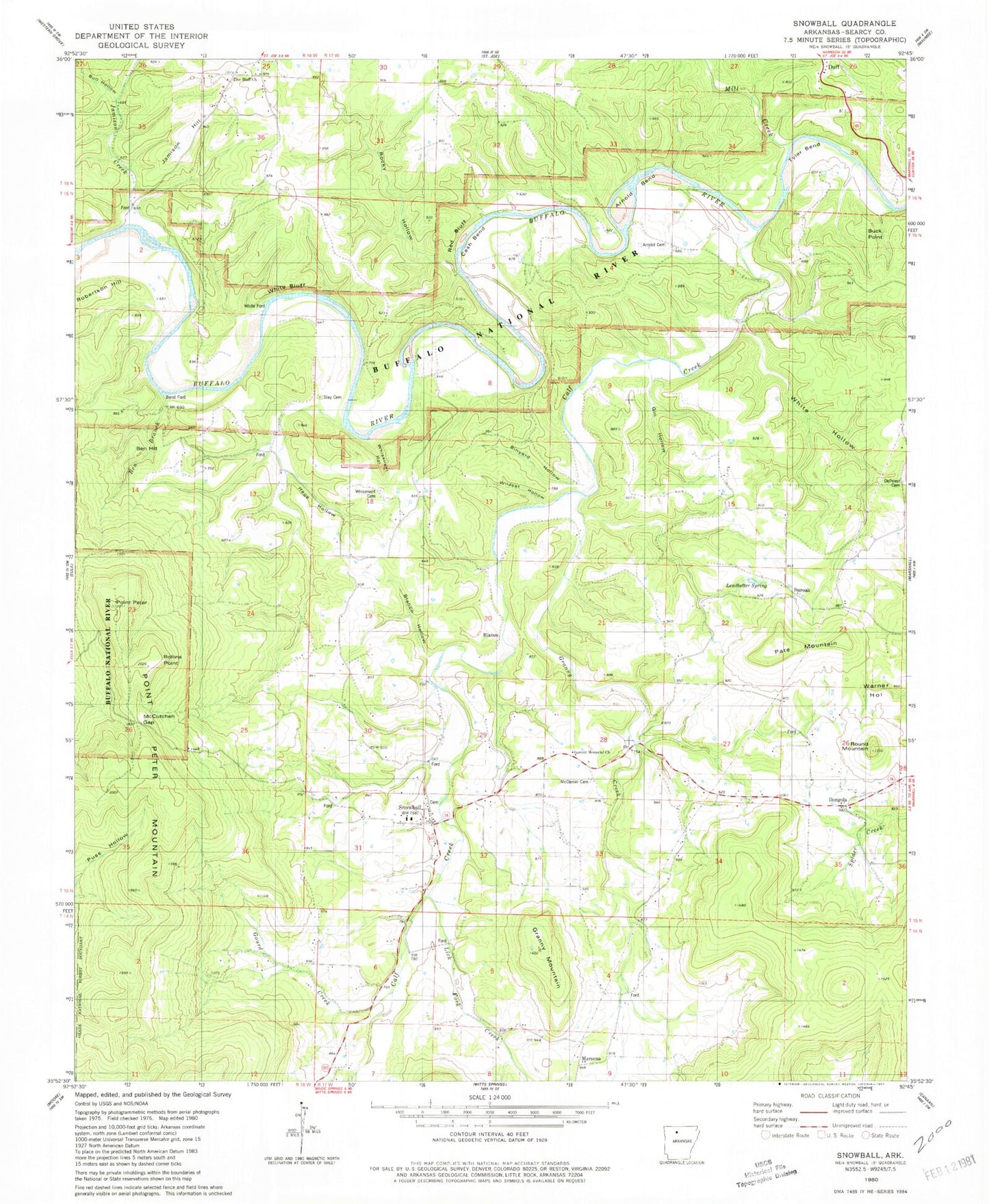 Classic USGS Snowball Arkansas 7.5'x7.5' Topo Map Image