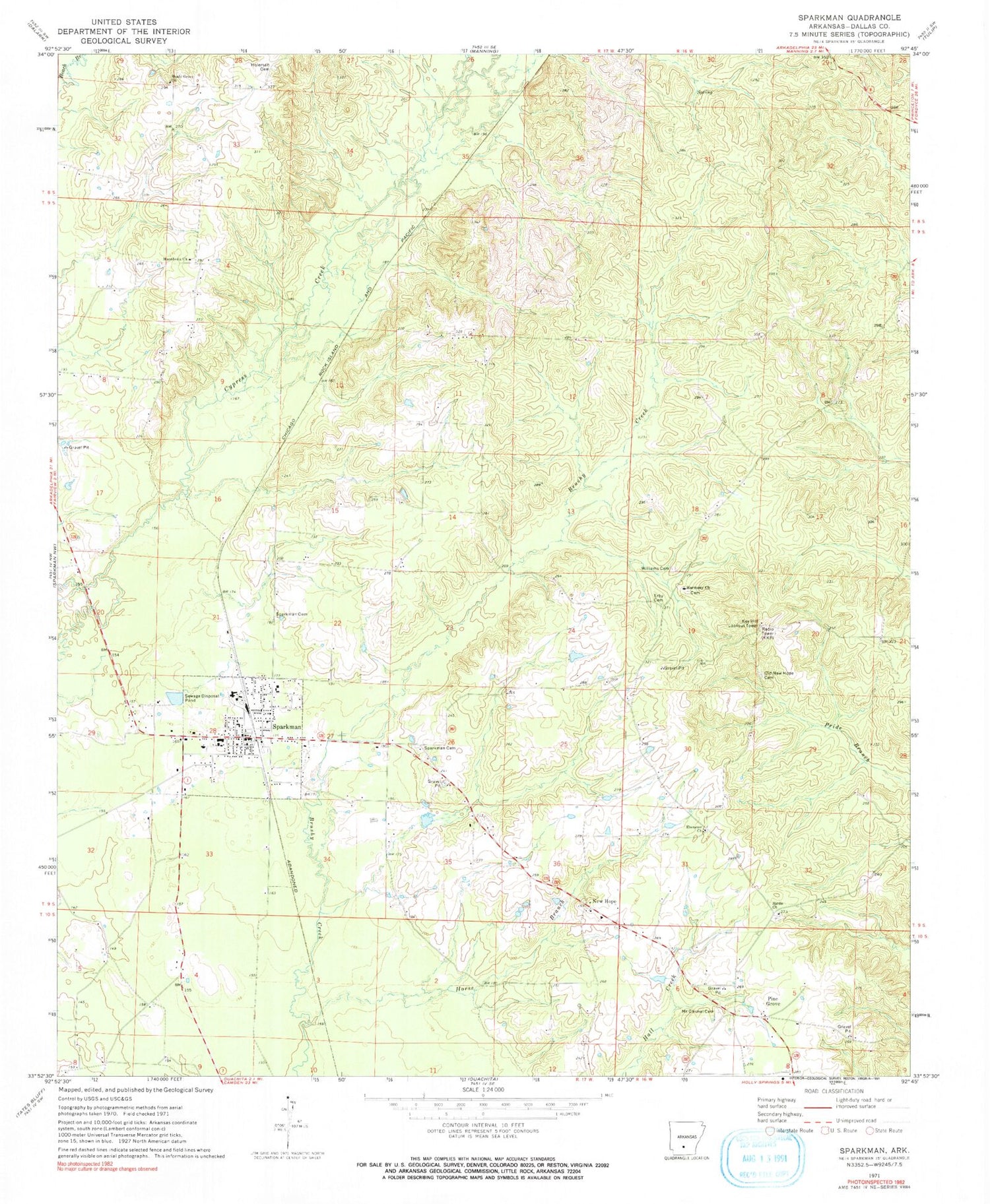 Classic USGS Sparkman Arkansas 7.5'x7.5' Topo Map Image