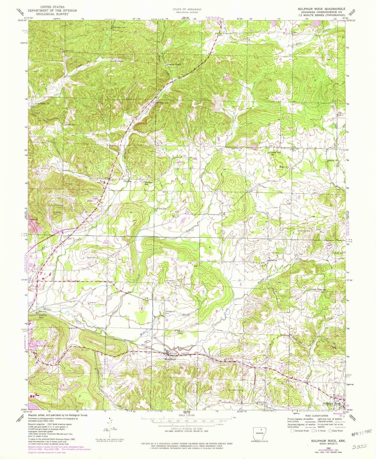Classic USGS Sulphur Rock Arkansas 7.5'x7.5' Topo Map Image