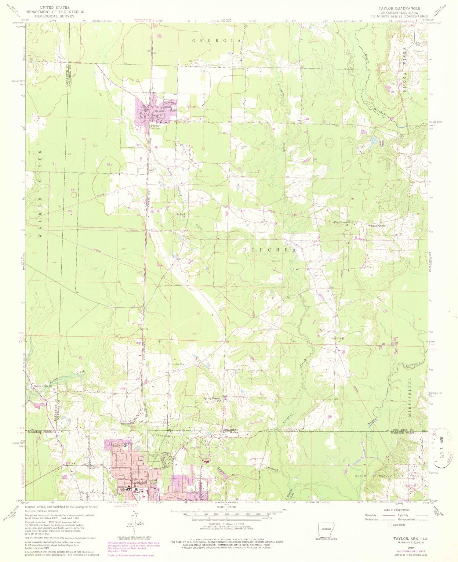 Classic USGS Taylor Arkansas 7.5'x7.5' Topo Map Image