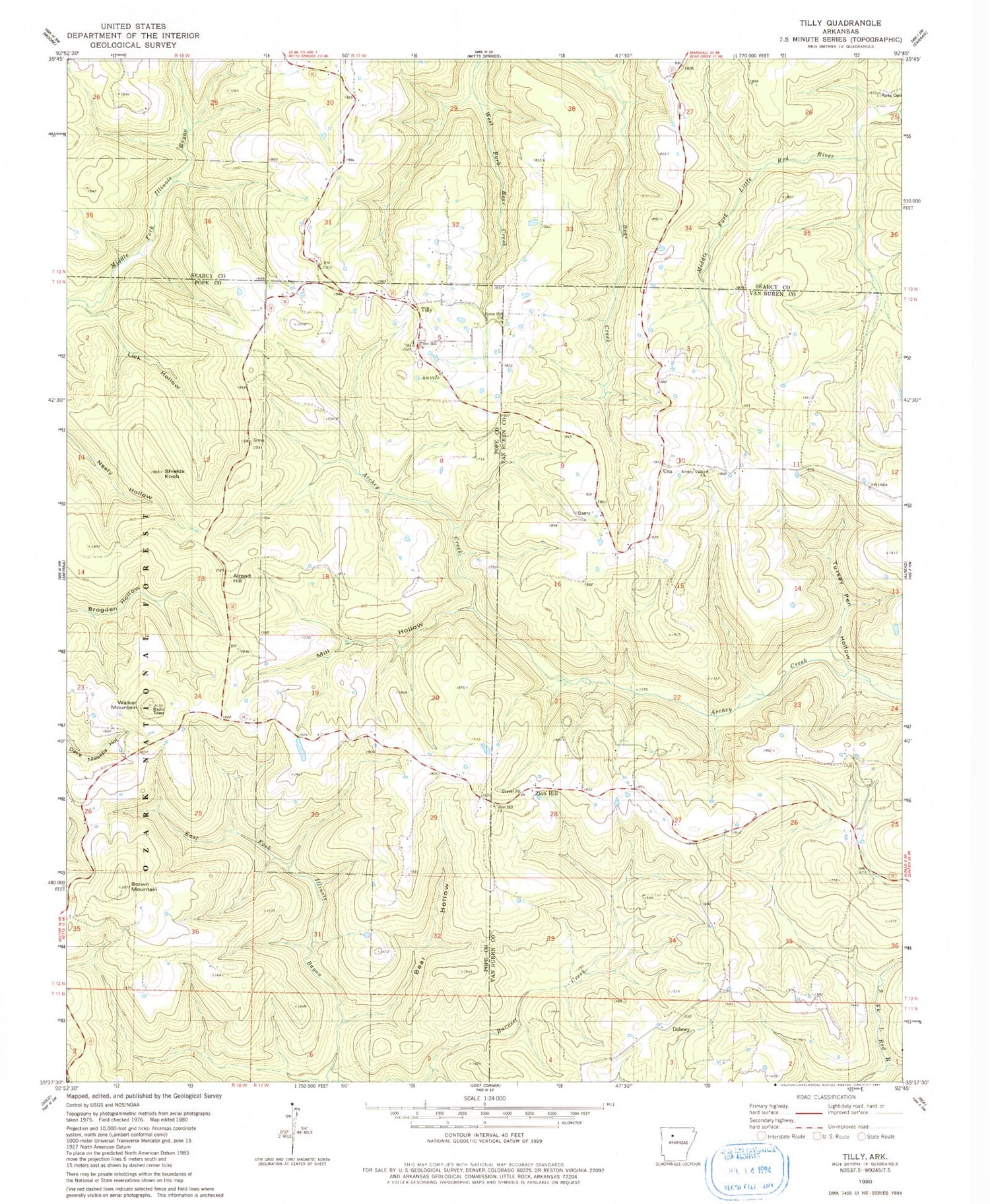Classic USGS Tilly Arkansas 7.5'x7.5' Topo Map Image