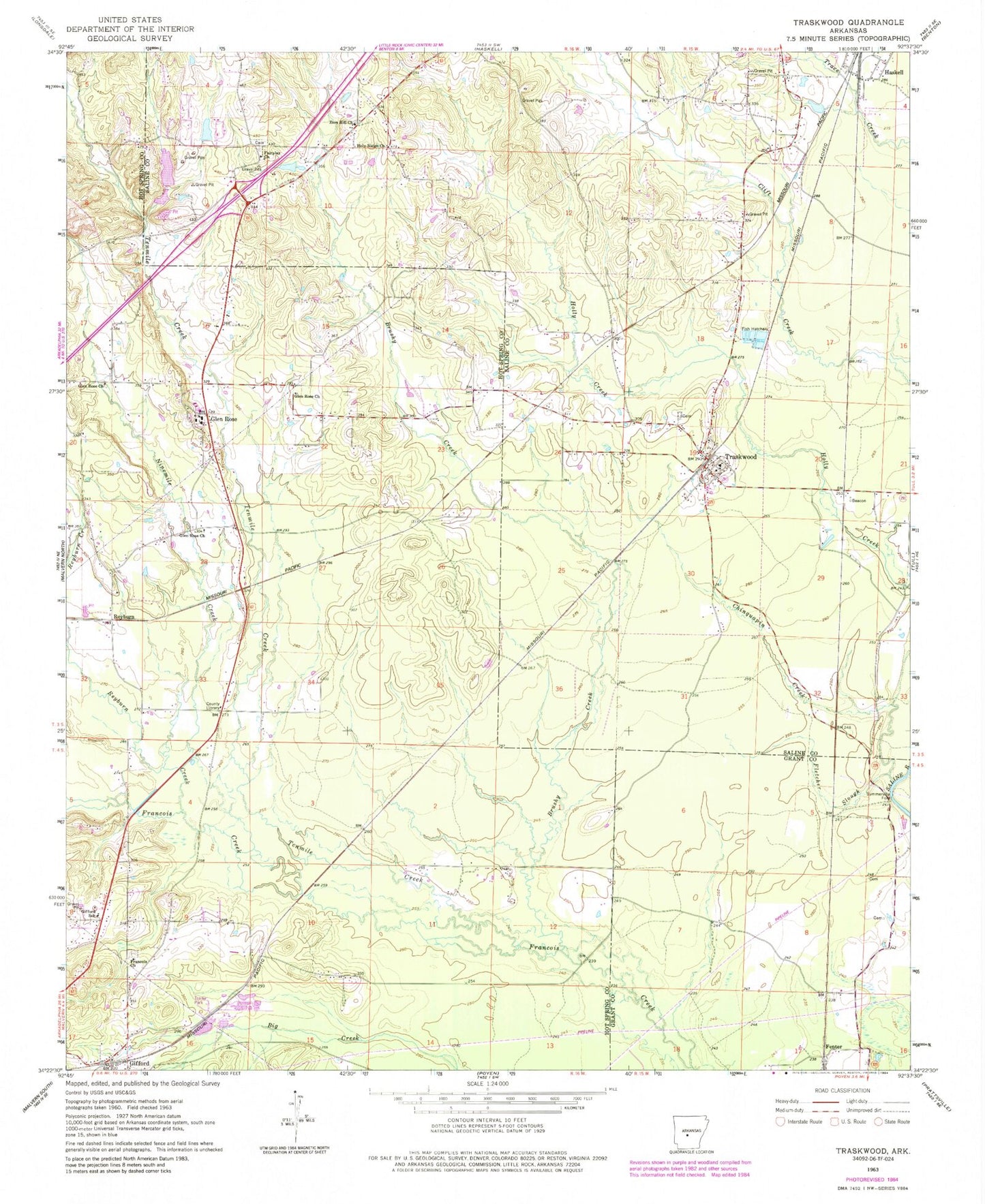 Classic USGS Traskwood Arkansas 7.5'x7.5' Topo Map Image