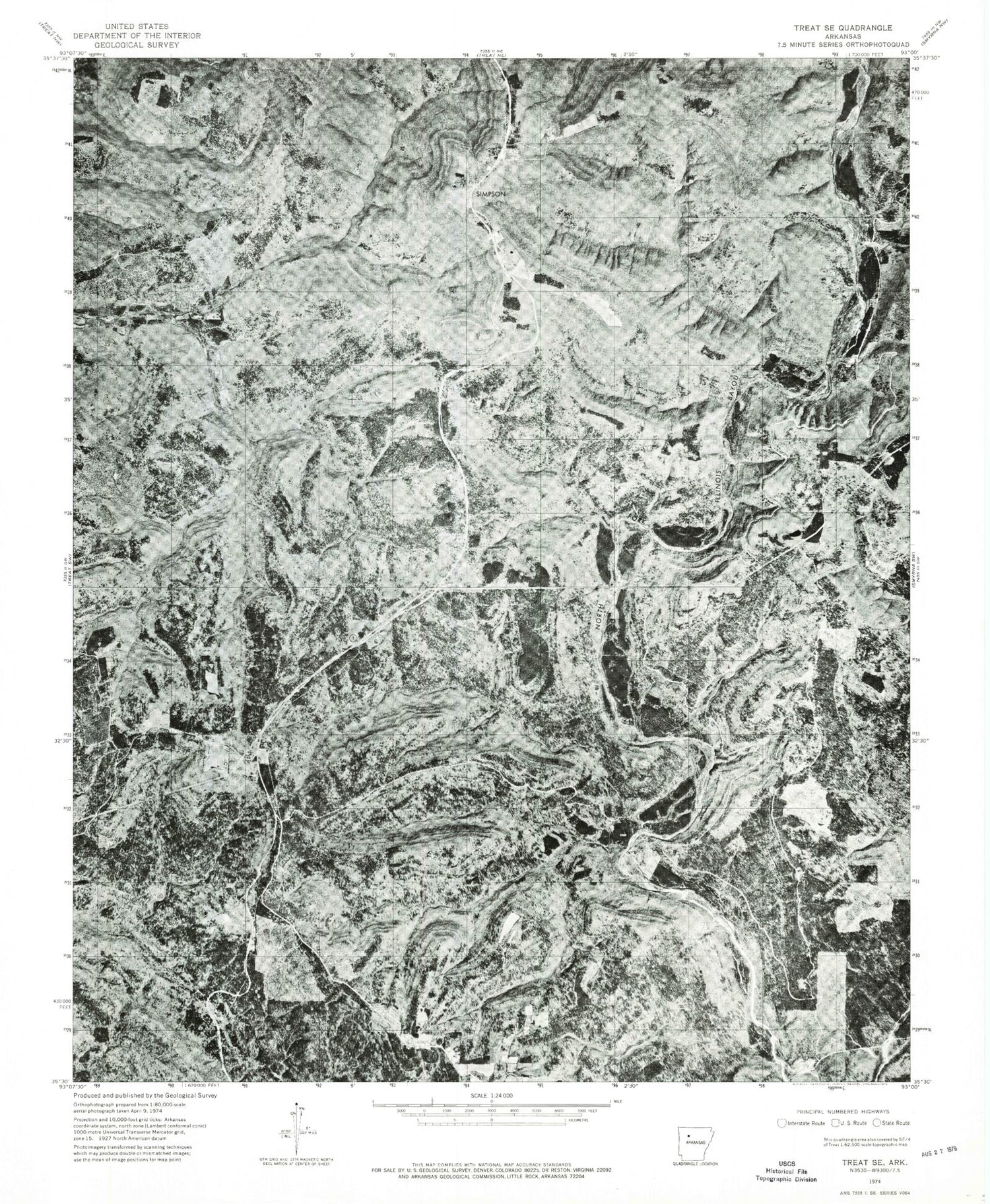 Classic USGS Simpson Arkansas 7.5'x7.5' Topo Map Image