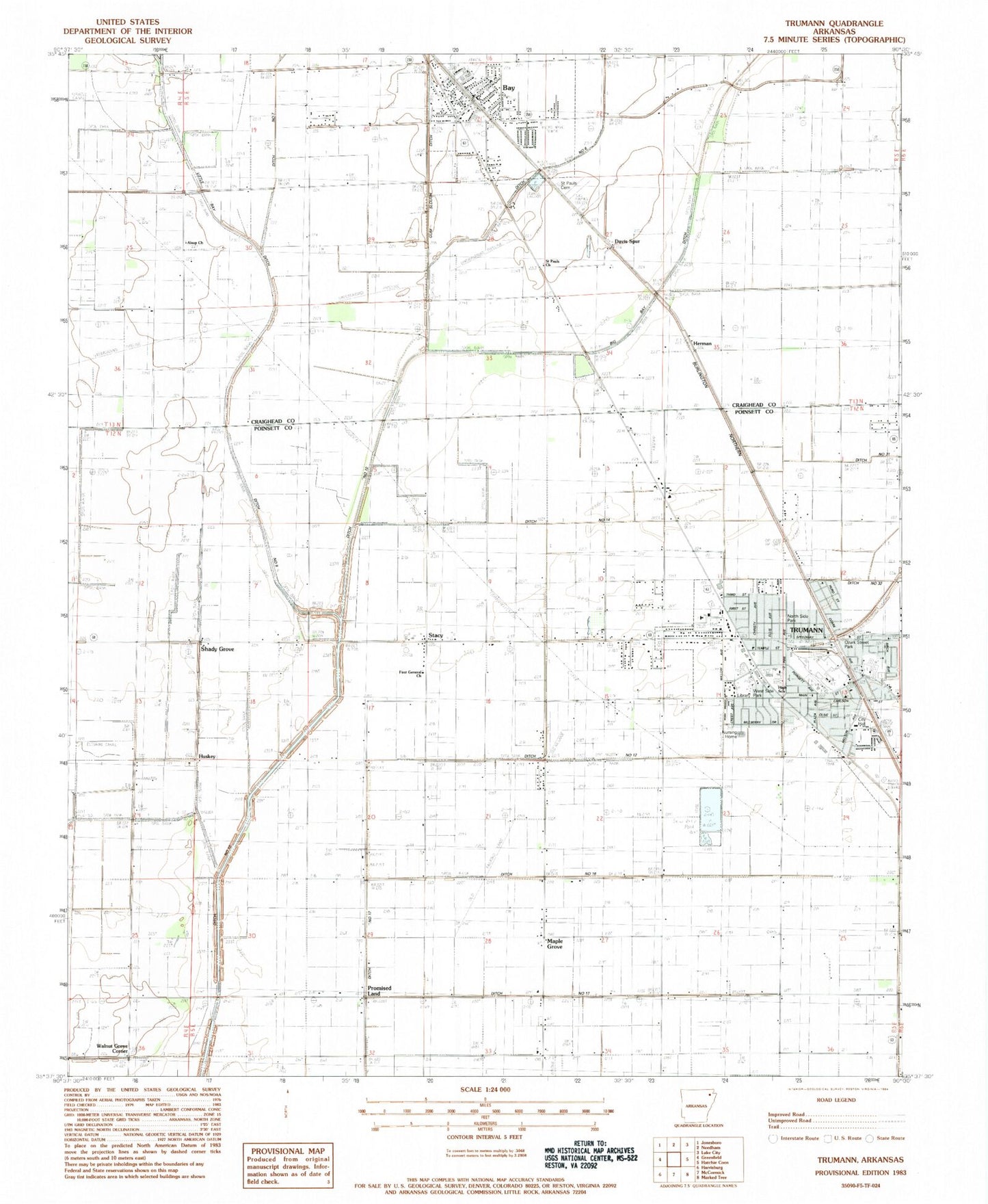Classic USGS Trumann Arkansas 7.5'x7.5' Topo Map Image