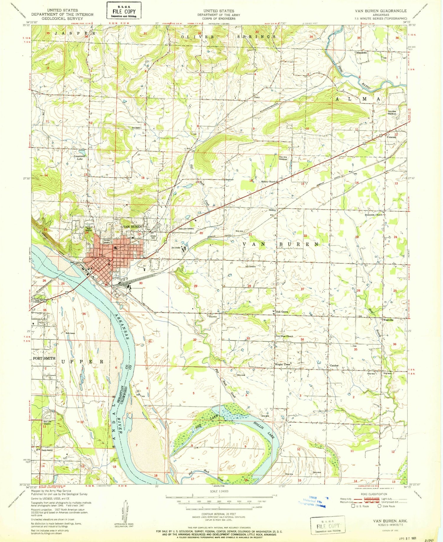 Classic USGS Van Buren Arkansas 7.5'x7.5' Topo Map Image