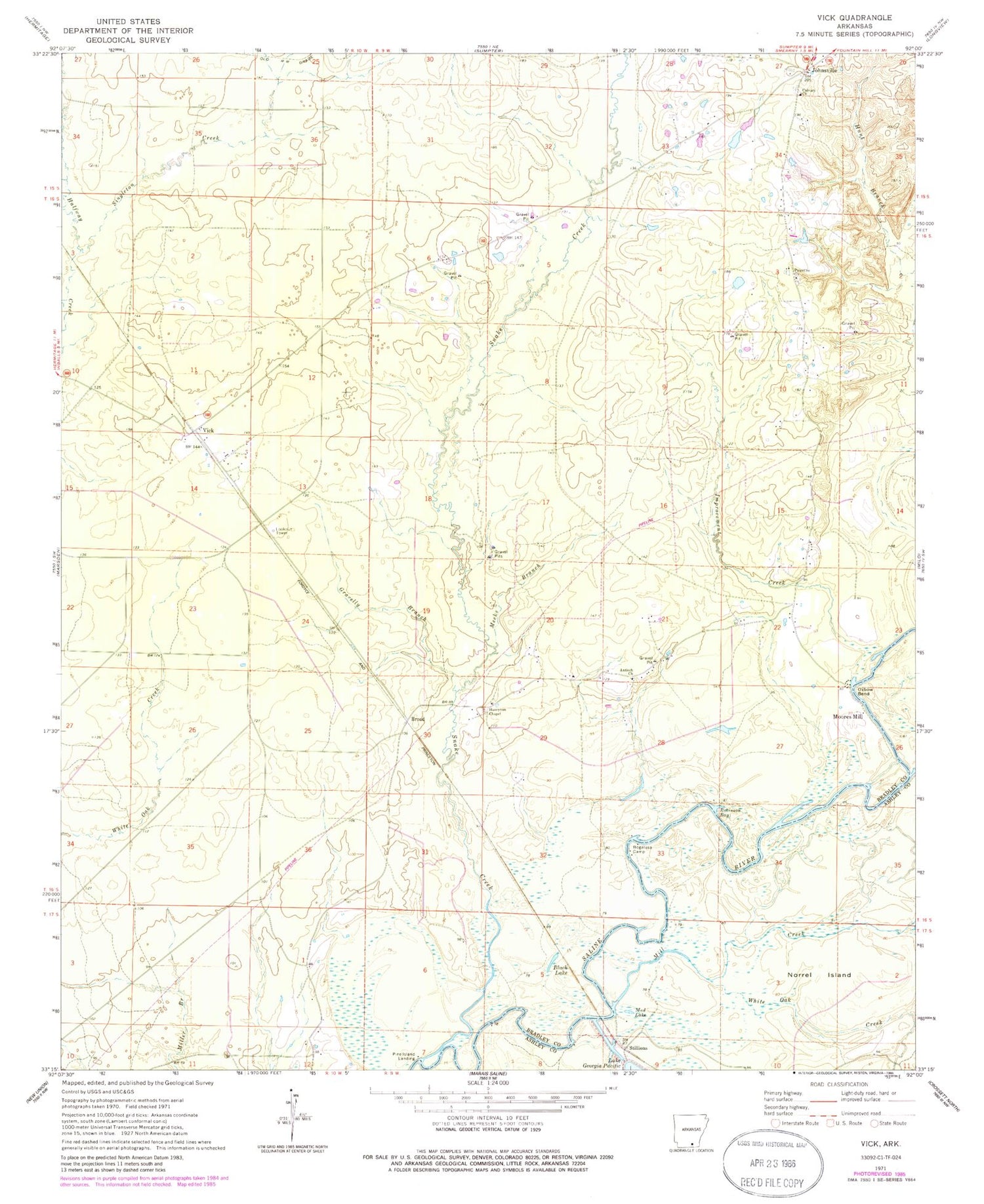 Classic USGS Vick Arkansas 7.5'x7.5' Topo Map Image
