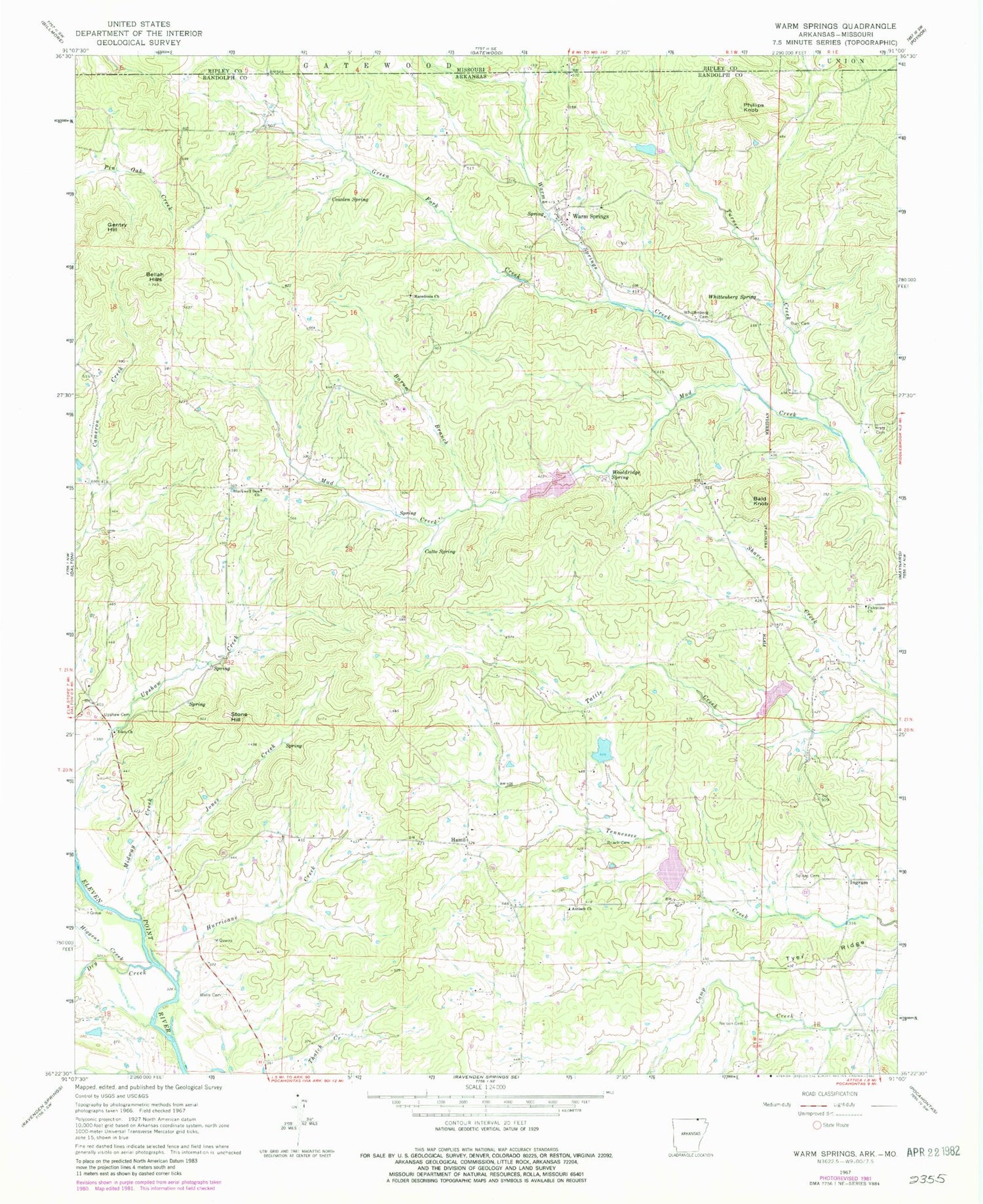 Classic USGS Warm Springs Arkansas 7.5'x7.5' Topo Map Image