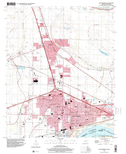 Classic USGS West Memphis Arkansas 7.5'x7.5' Topo Map Image