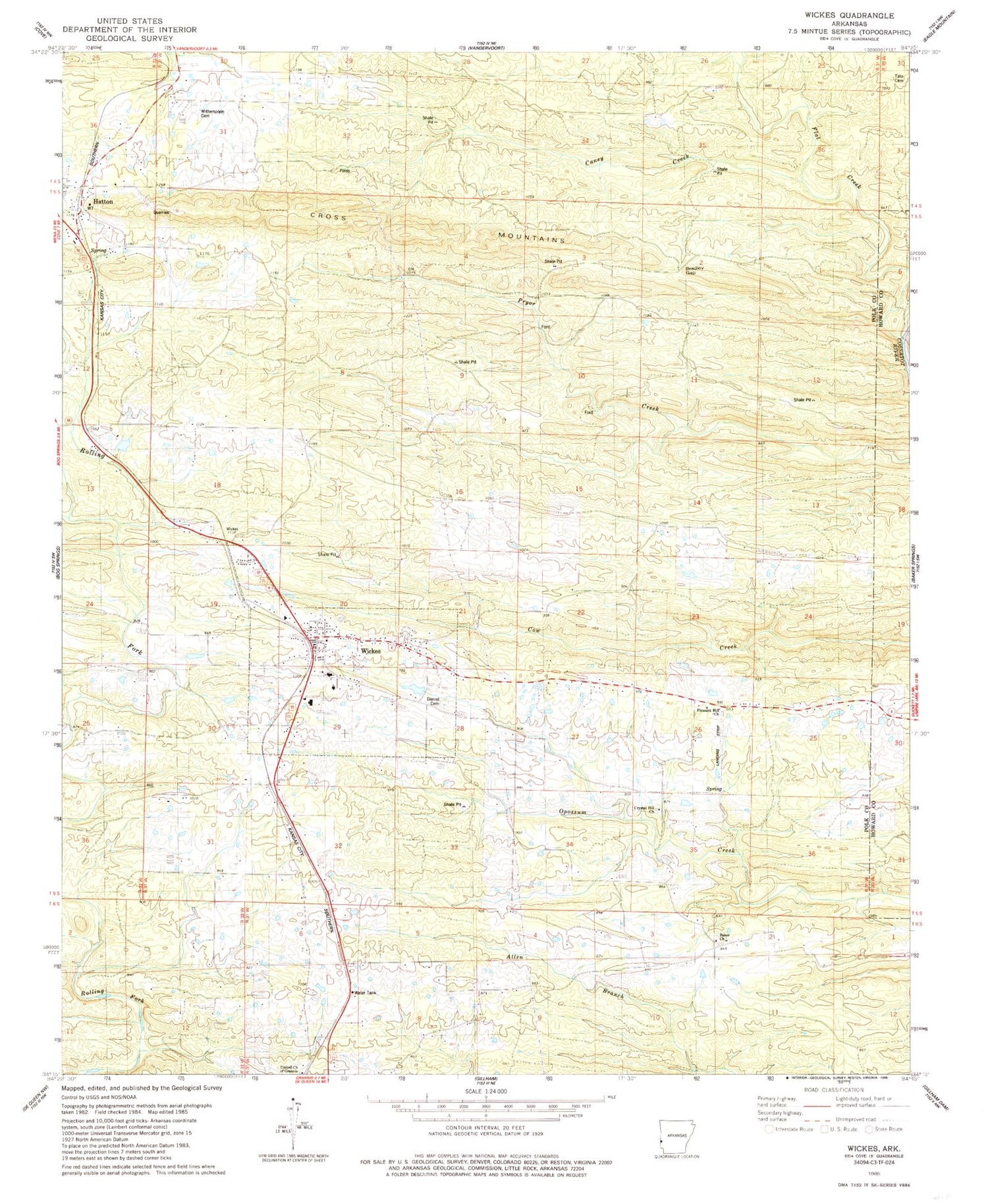 Classic USGS Wickes Arkansas 7.5'x7.5' Topo Map Image