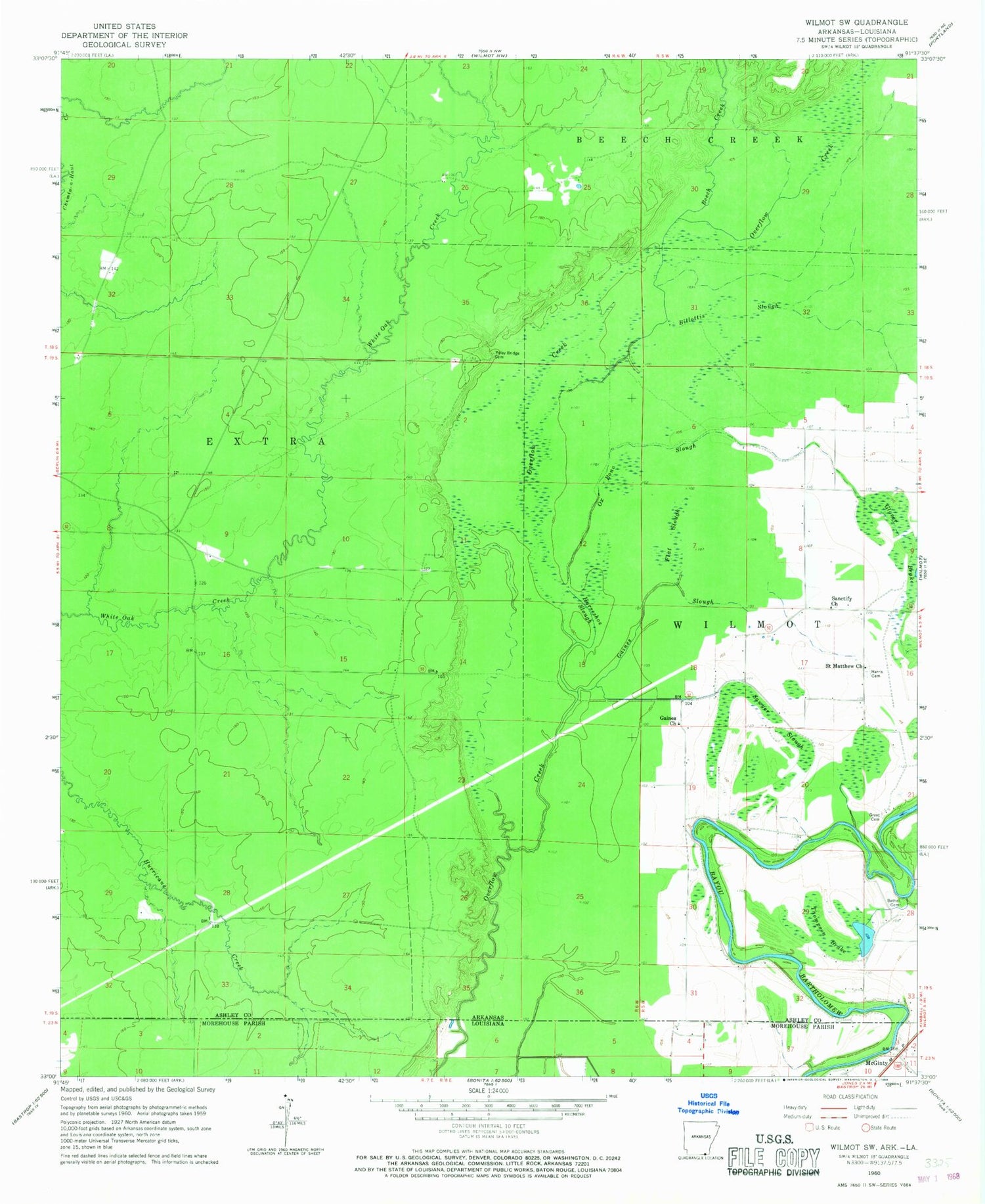 Classic USGS Wilmot SW Arkansas 7.5'x7.5' Topo Map Image