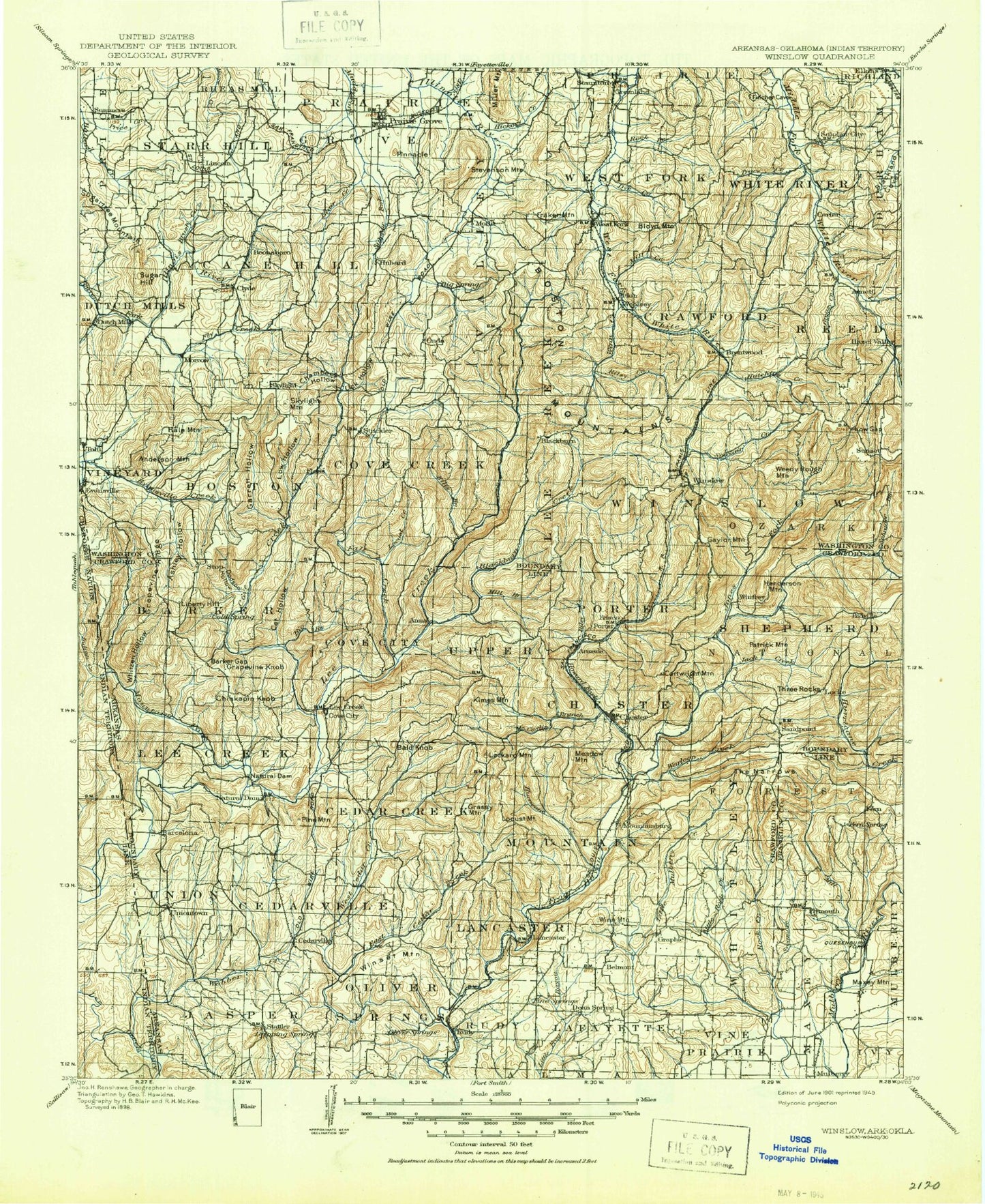 Historic 1901 Winslow Arkansas 30'x30' Topo Map Image