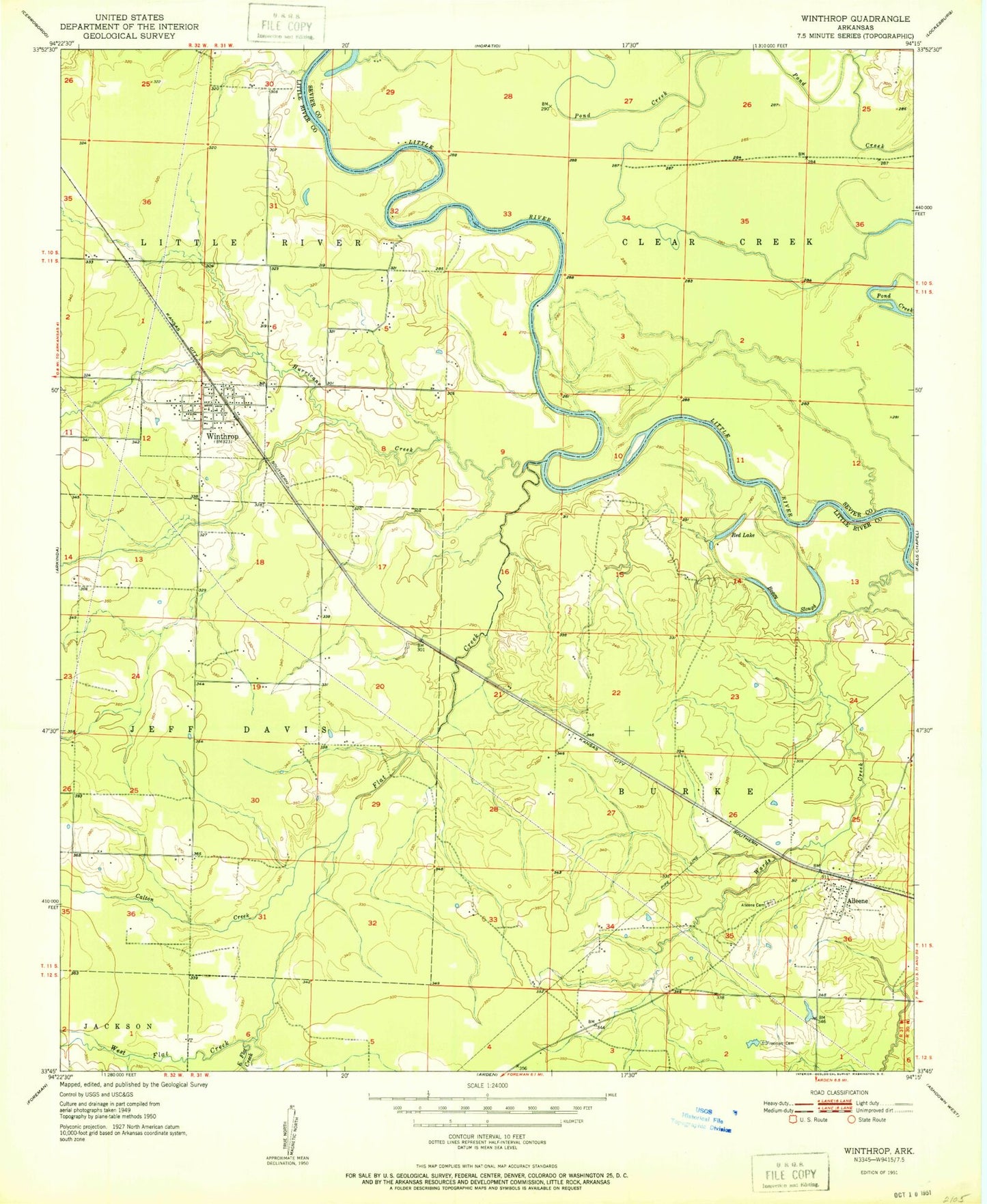 Classic USGS Winthrop Arkansas 7.5'x7.5' Topo Map Image