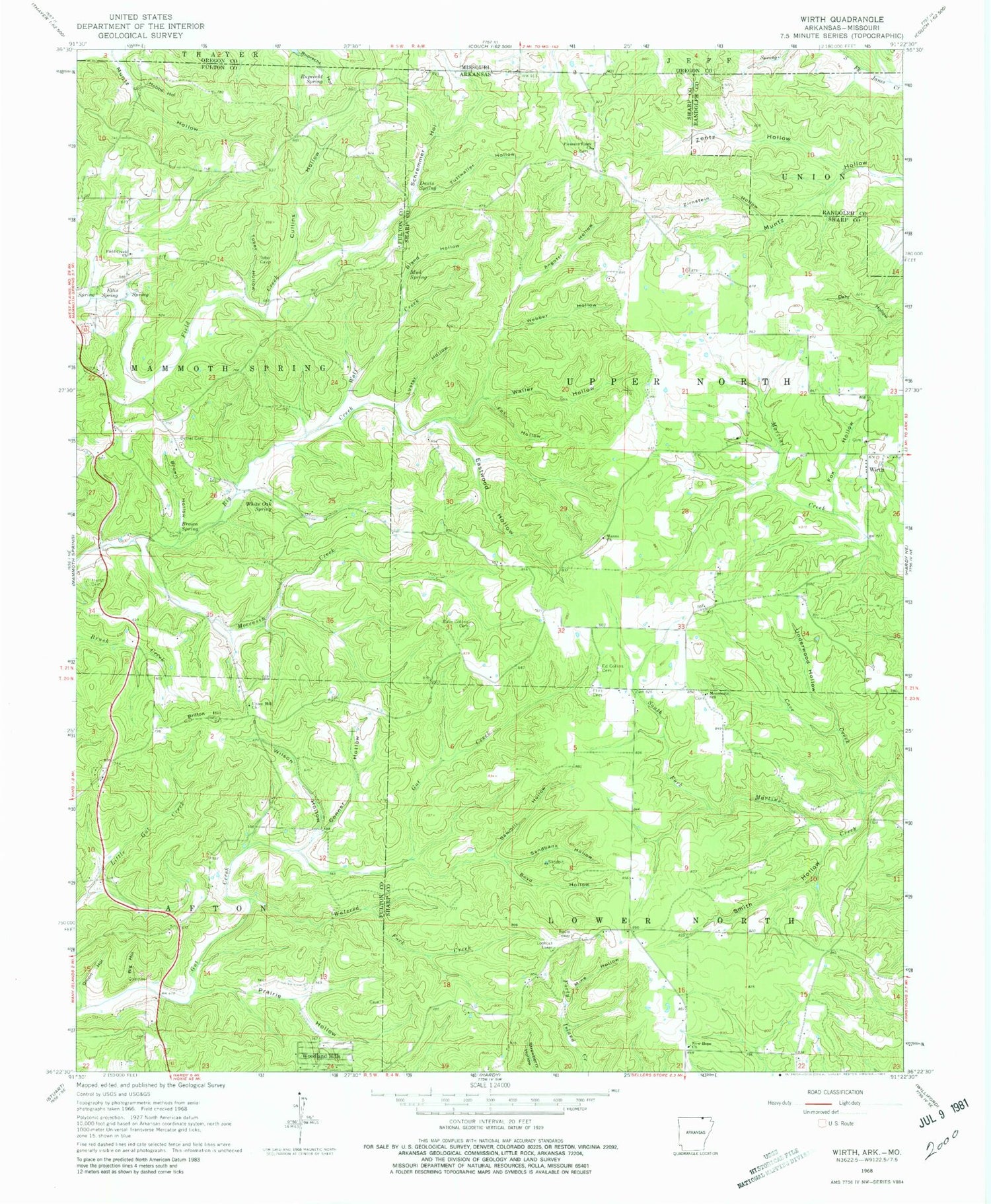Classic USGS Wirth Arkansas 7.5'x7.5' Topo Map Image
