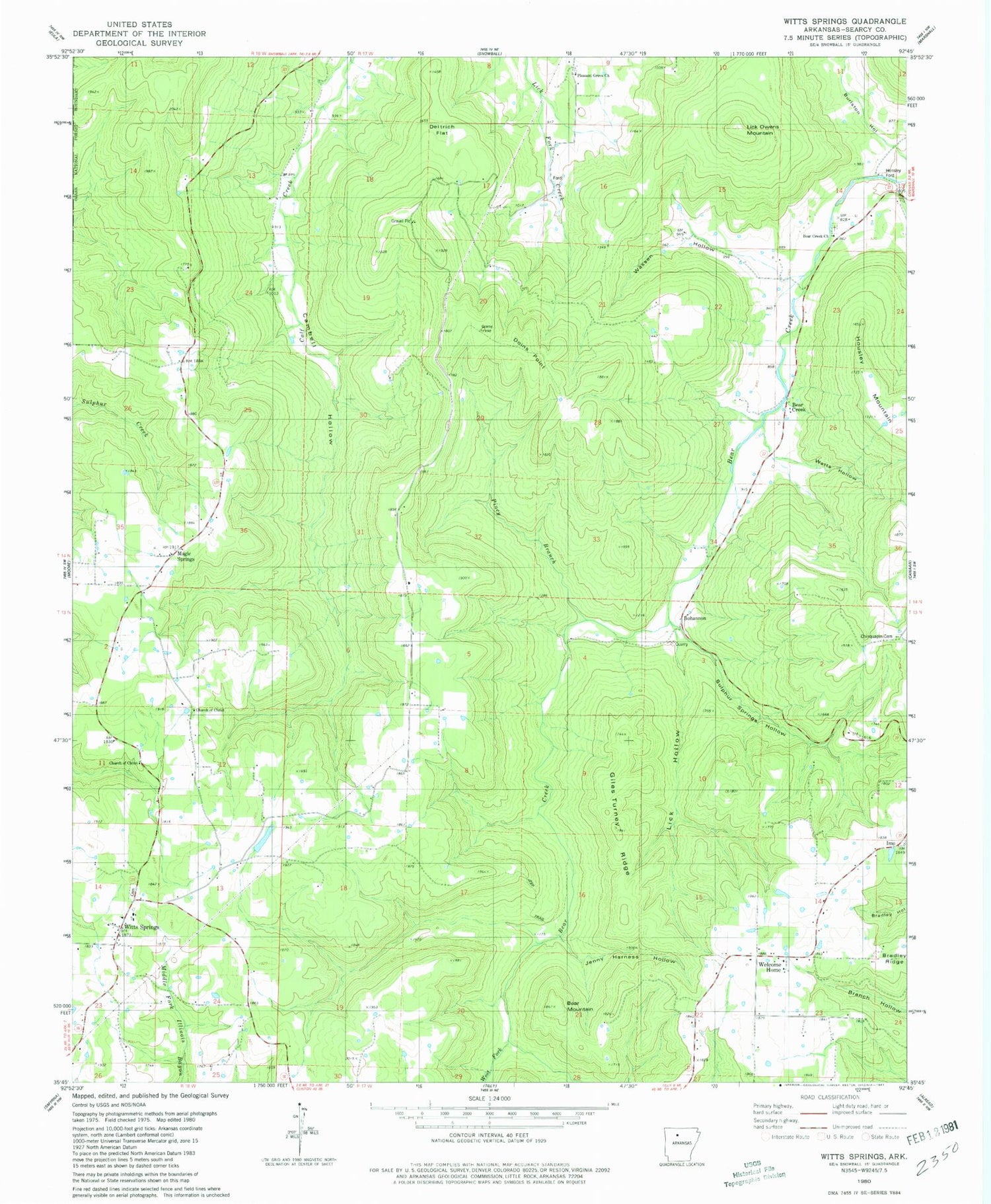 Classic USGS Witts Springs Arkansas 7.5'x7.5' Topo Map Image