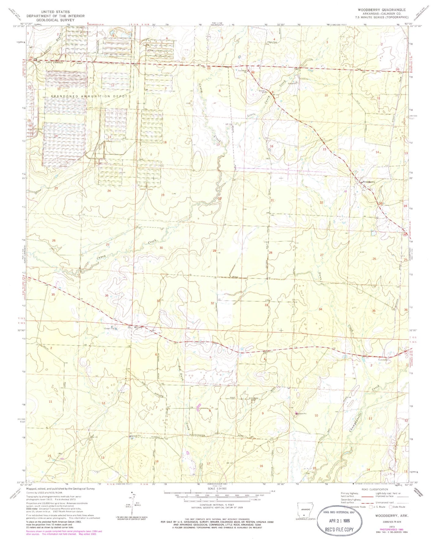 Classic USGS Woodberry Arkansas 7.5'x7.5' Topo Map Image