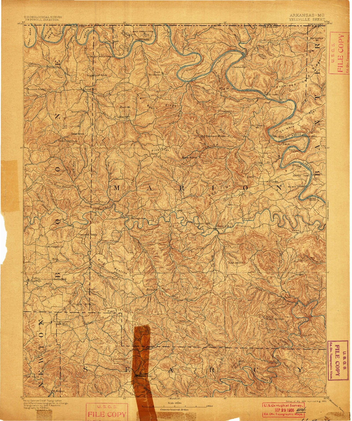 Historic 1893 Yellville Arkansas 30'x30' Topo Map Image