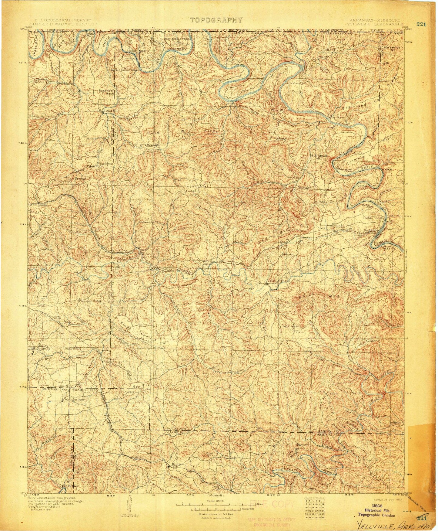 Historic 1903 Yellville Arkansas 30'x30' Topo Map Image
