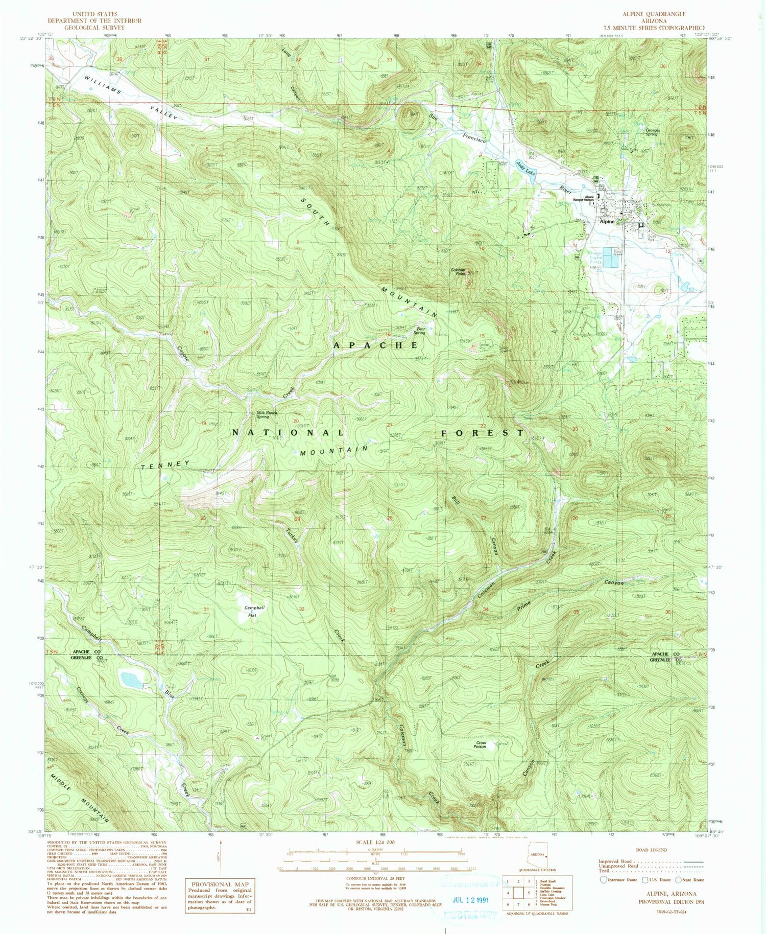 Classic USGS Alpine Arizona 7.5'x7.5' Topo Map Image