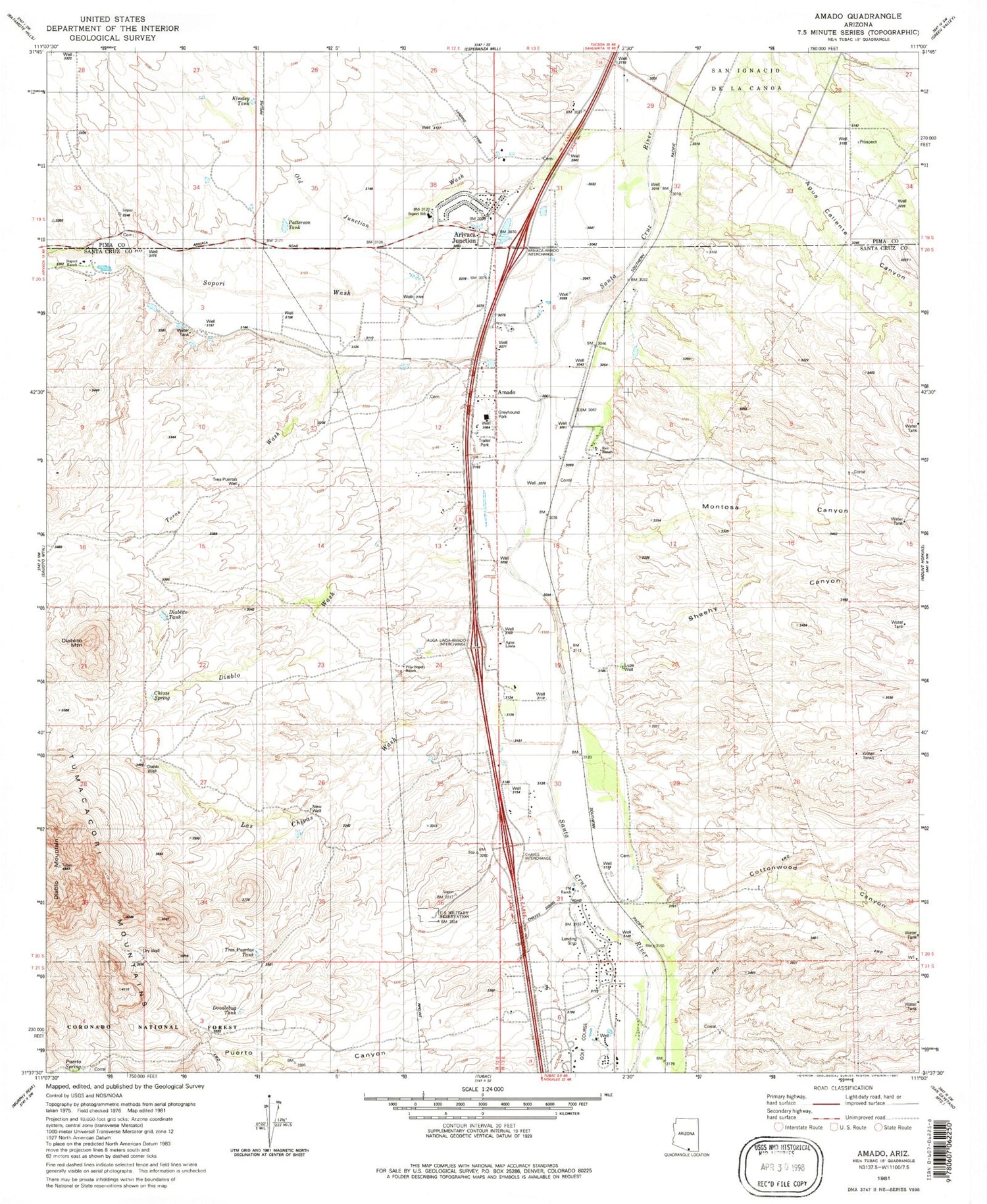 Classic USGS Amado Arizona 7.5'x7.5' Topo Map Image